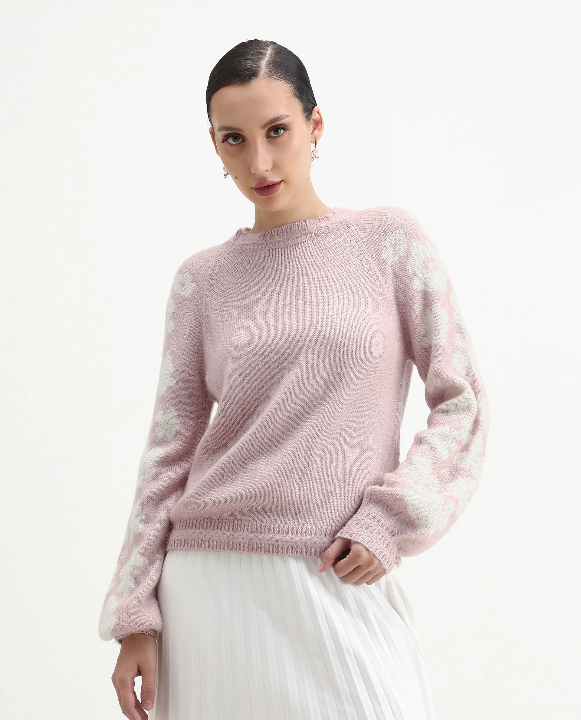 Rareism Women's Zane Light Pink Acrylic Blend Crew Neck Regular Fit Sweater - Image 4