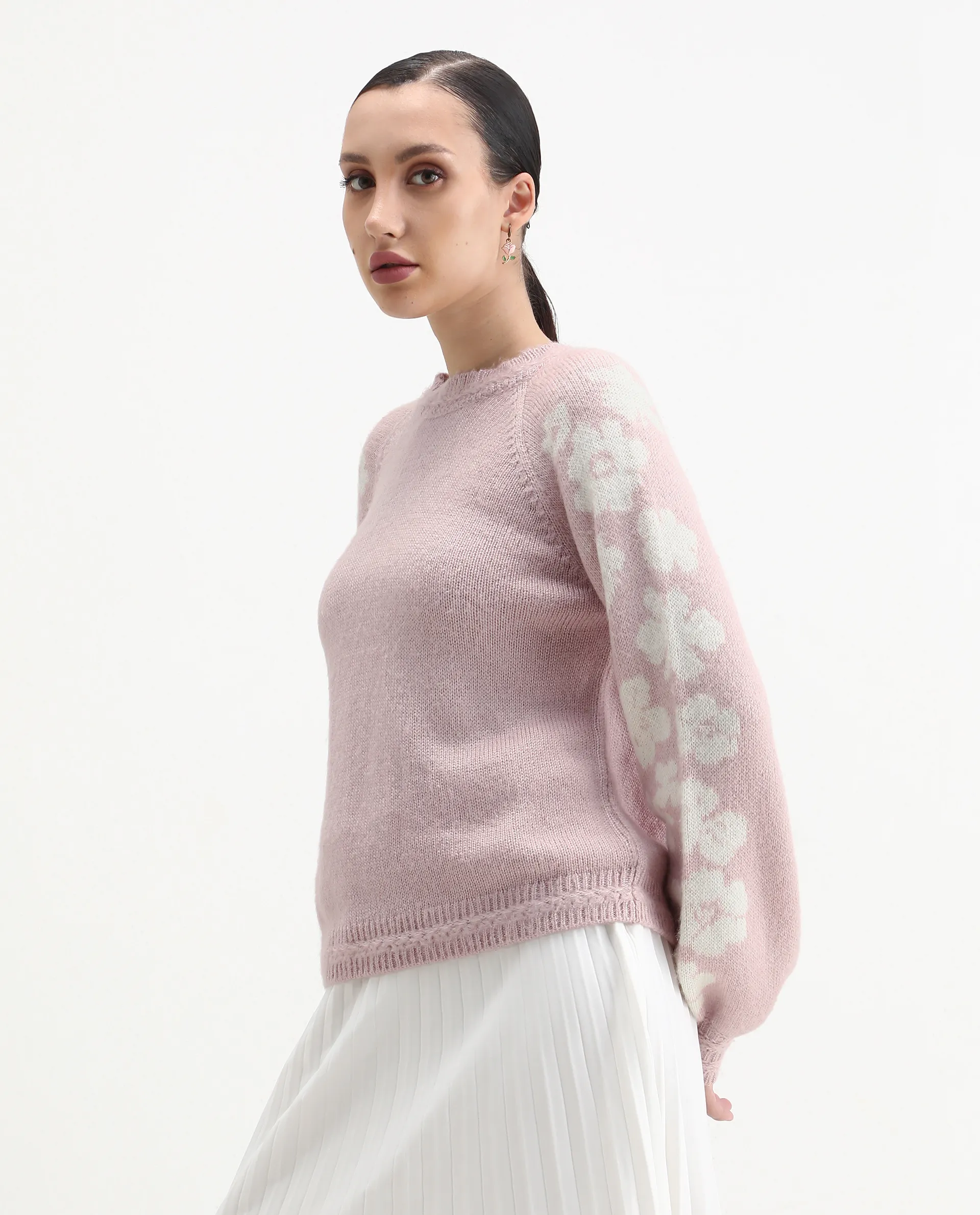 Rareism Women's Zane Light Pink Acrylic Blend Crew Neck Regular Fit Sweater - Image 5