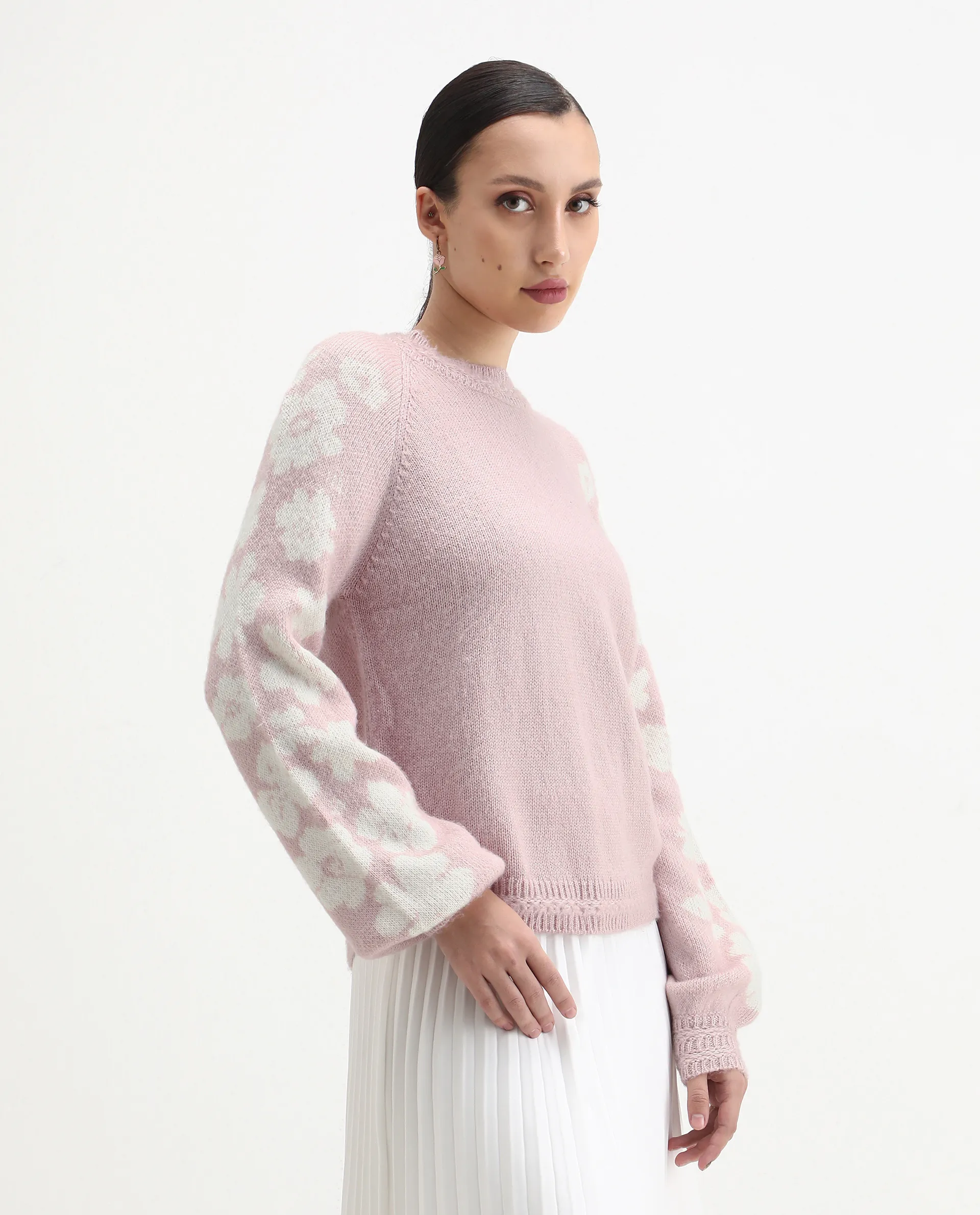 Rareism Women's Zane Light Pink Acrylic Blend Crew Neck Regular Fit Sweater - Image 6