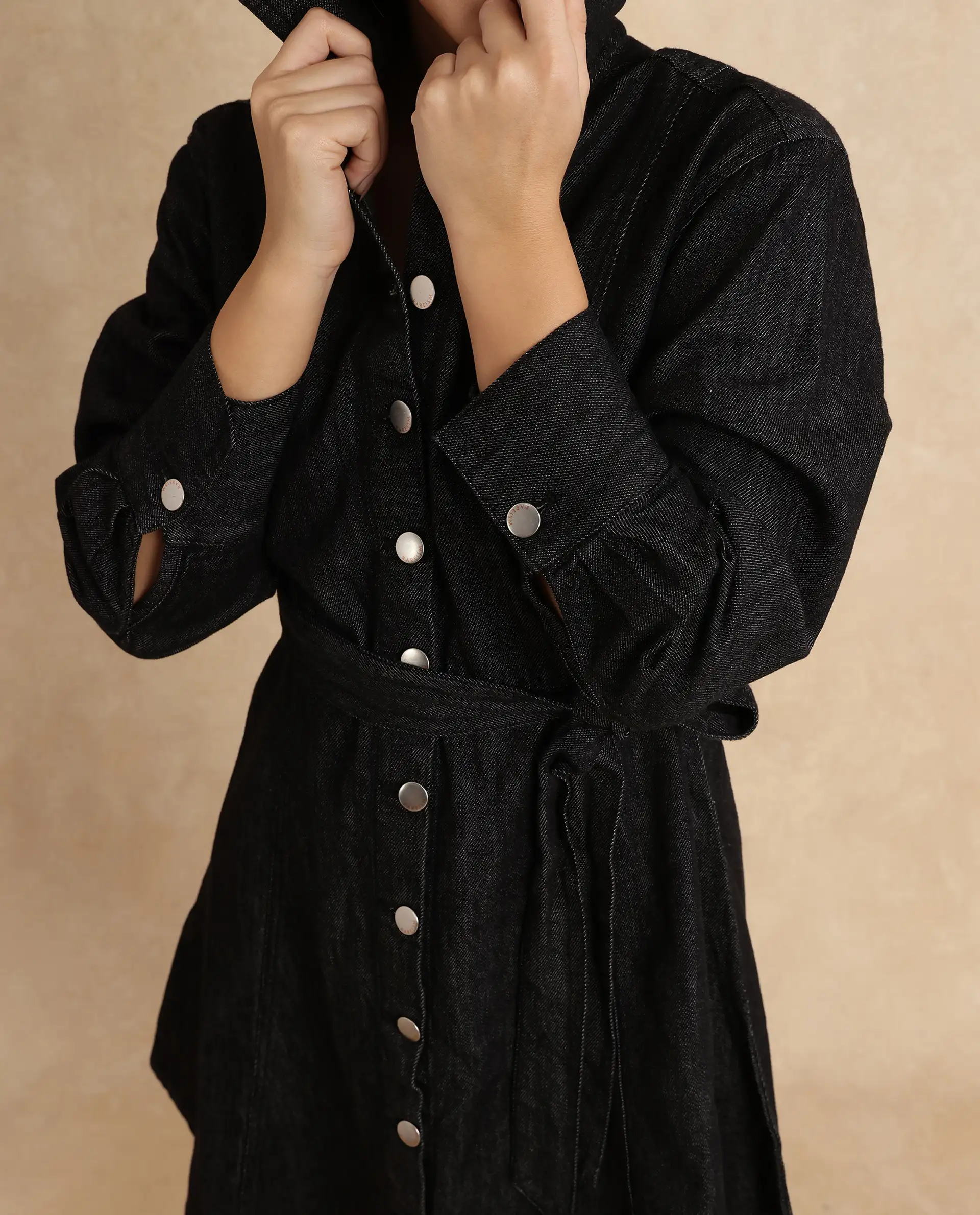 Rareism Women's Zang Black Cotton Spread Collar Plain Cuffed Sleeve Mini A-Line Dress - Image 2
