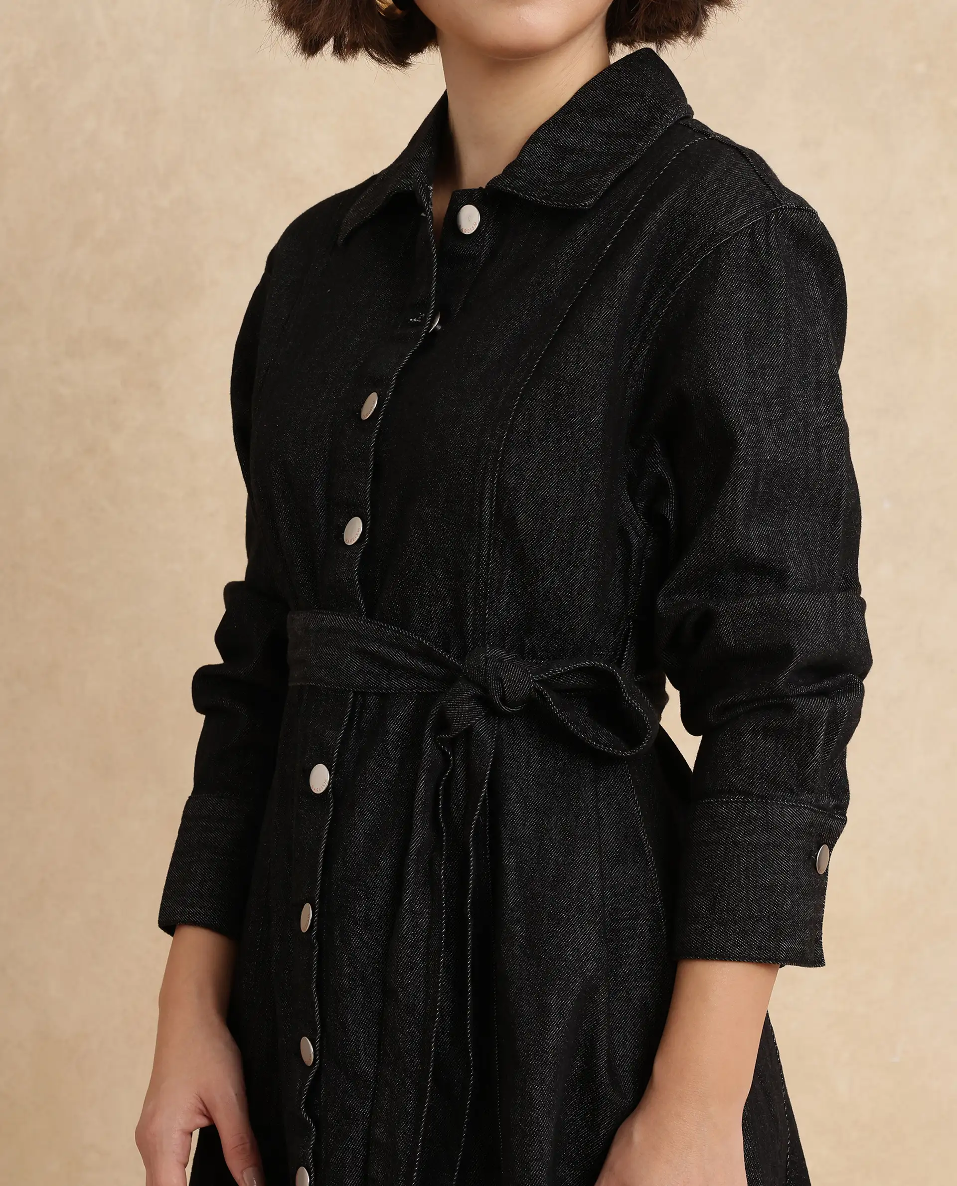 Rareism Women's Zang Black Cotton Spread Collar Plain Cuffed Sleeve Mini A-Line Dress - Image 3