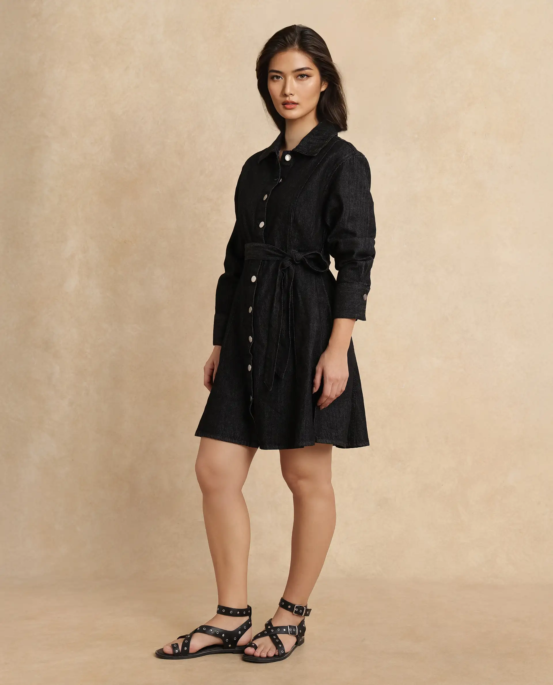 Rareism Women's Zang Black Cotton Spread Collar Plain Cuffed Sleeve Mini A-Line Dress - Image 5