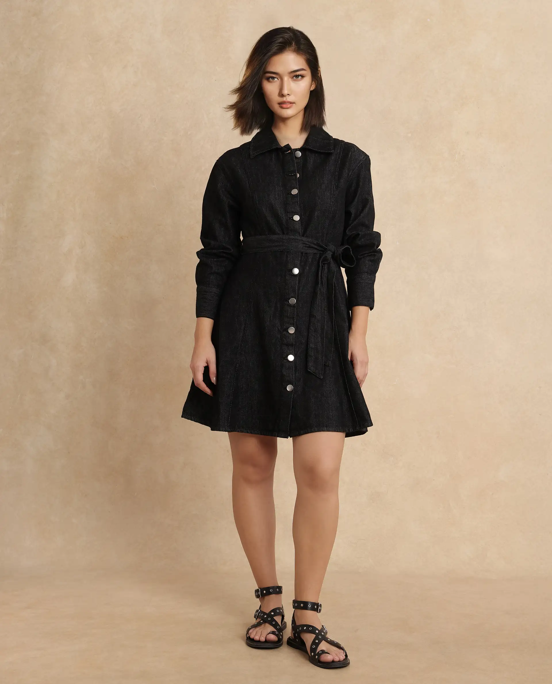 Rareism Women's Zang Black Cotton Spread Collar Plain Cuffed Sleeve Mini A-Line Dress - Image 6