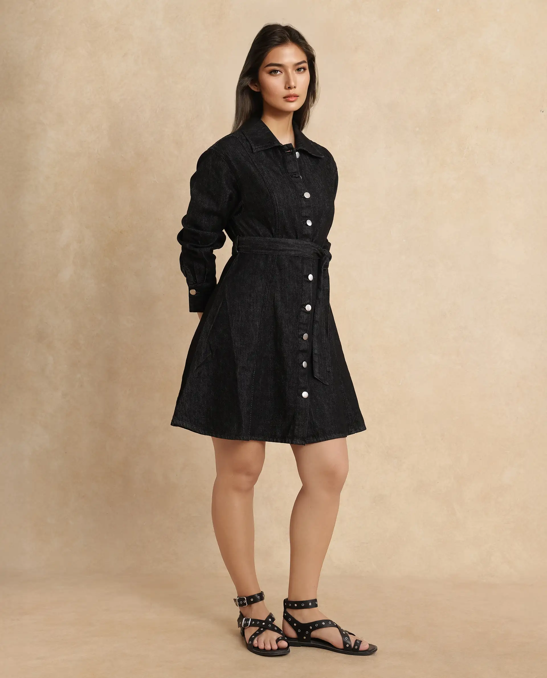 Rareism Women's Zang Black Cotton Spread Collar Plain Cuffed Sleeve Mini A-Line Dress - Image 7