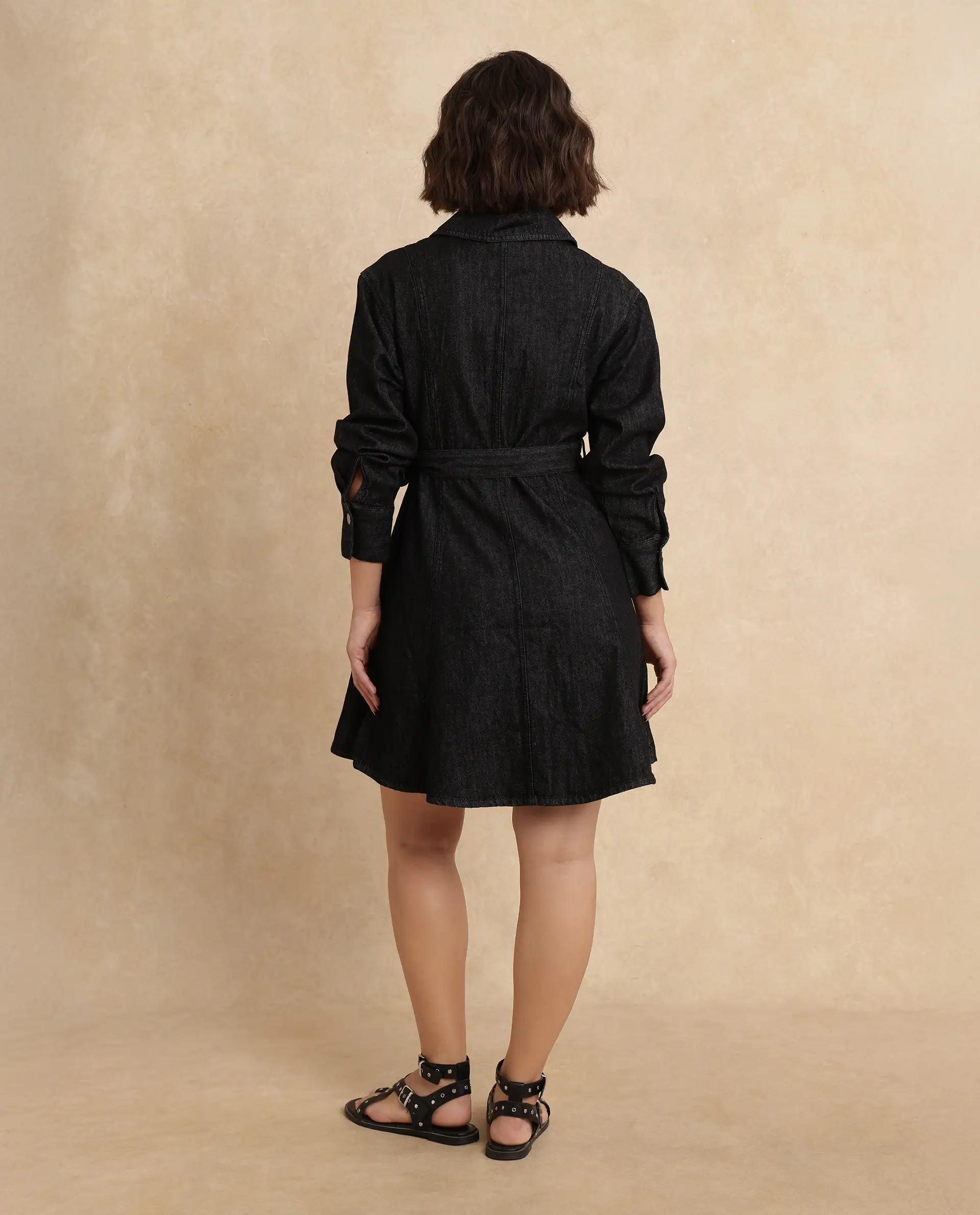 Rareism Women's Zang Black Cotton Spread Collar Plain Cuffed Sleeve Mini A-Line Dress - Image 8