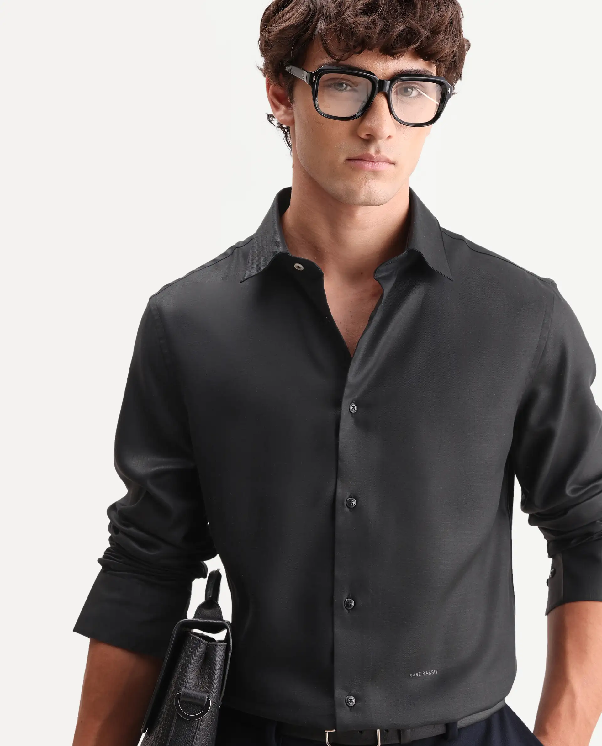 Rare Rabbit Men's Zanty Black Cotton Blend Fabric Full Sleeve Regular Fit Plain Shirt