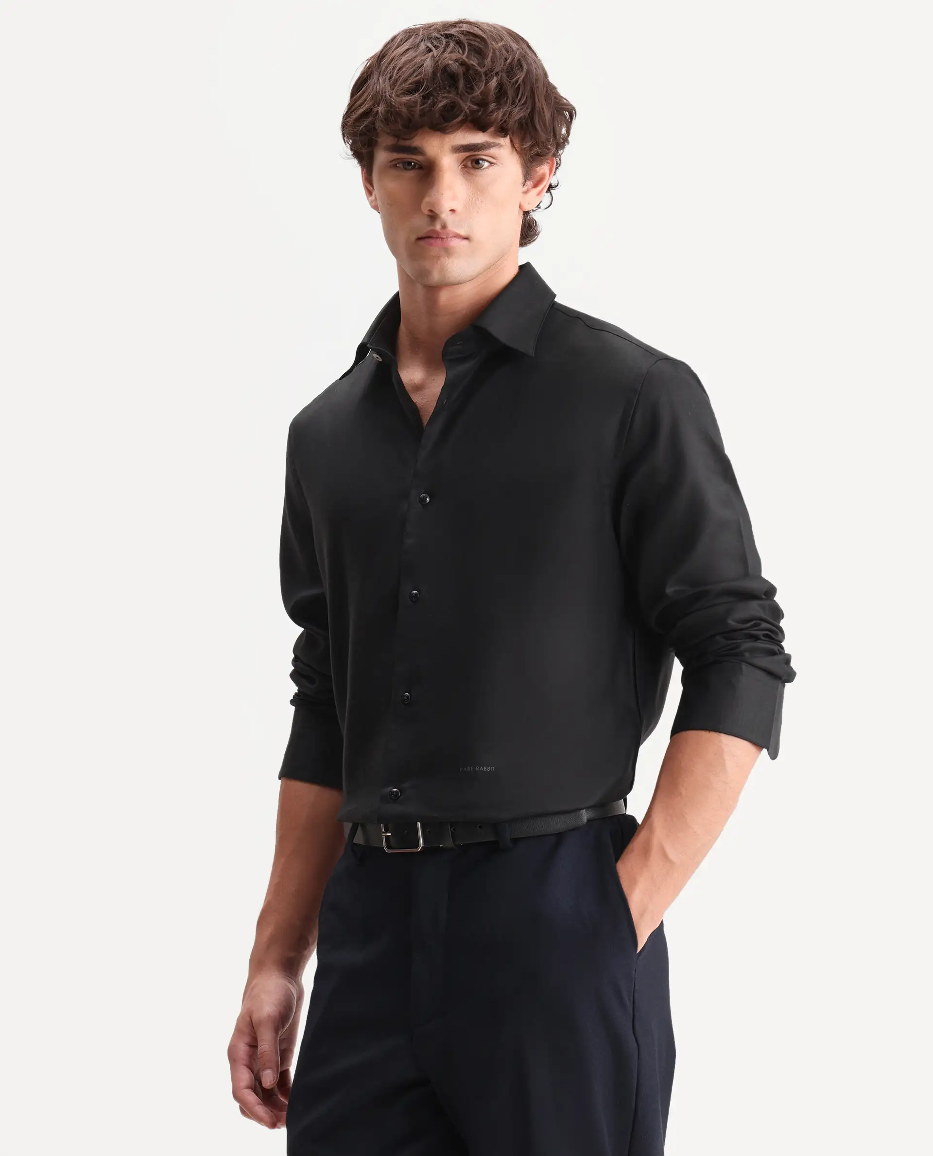 Rare Rabbit Men's Zanty Black Cotton Blend Fabric Full Sleeve Regular Fit Plain Shirt - Image 4