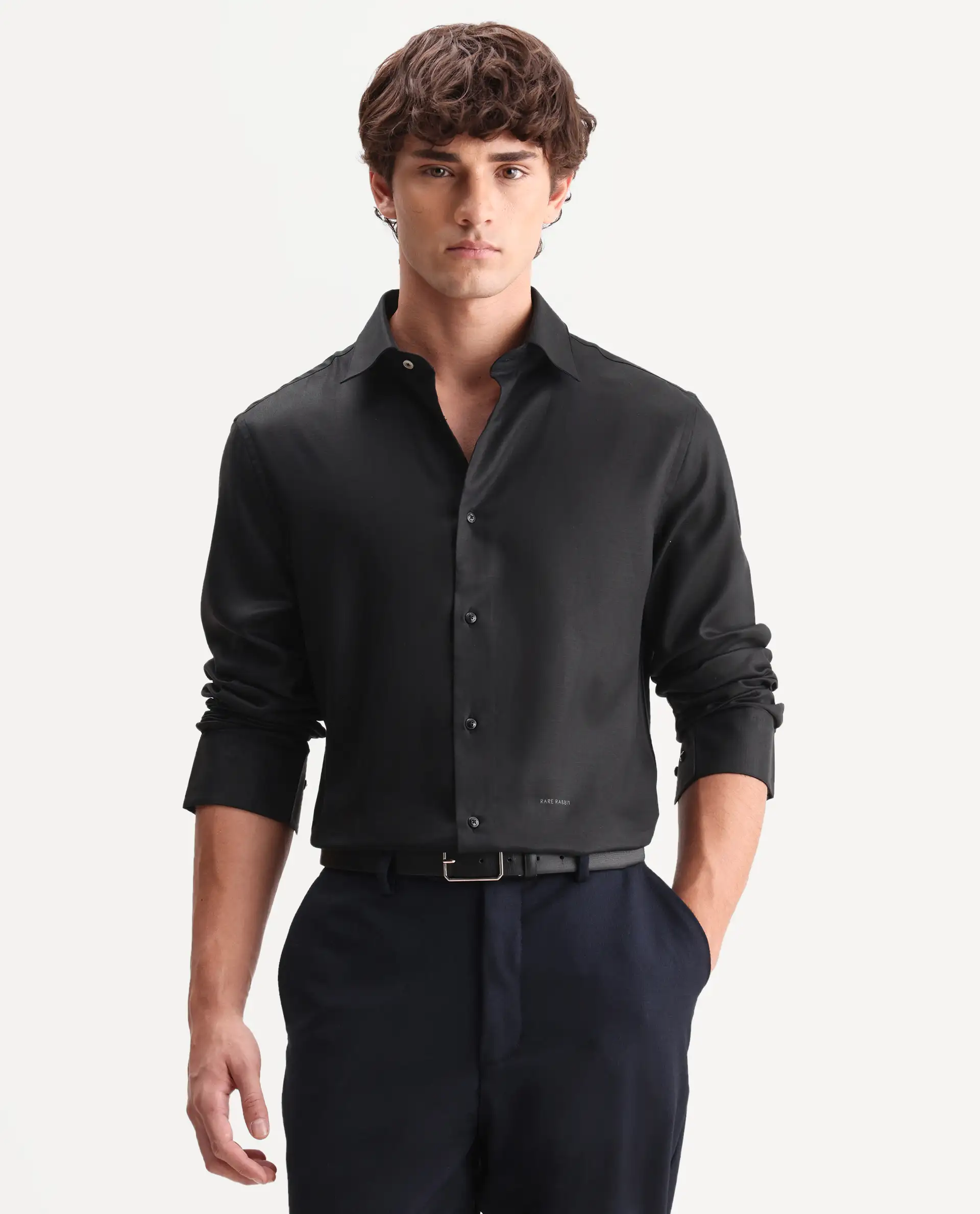 Rare Rabbit Men's Zanty Black Cotton Blend Fabric Full Sleeve Regular Fit Plain Shirt - Image 5