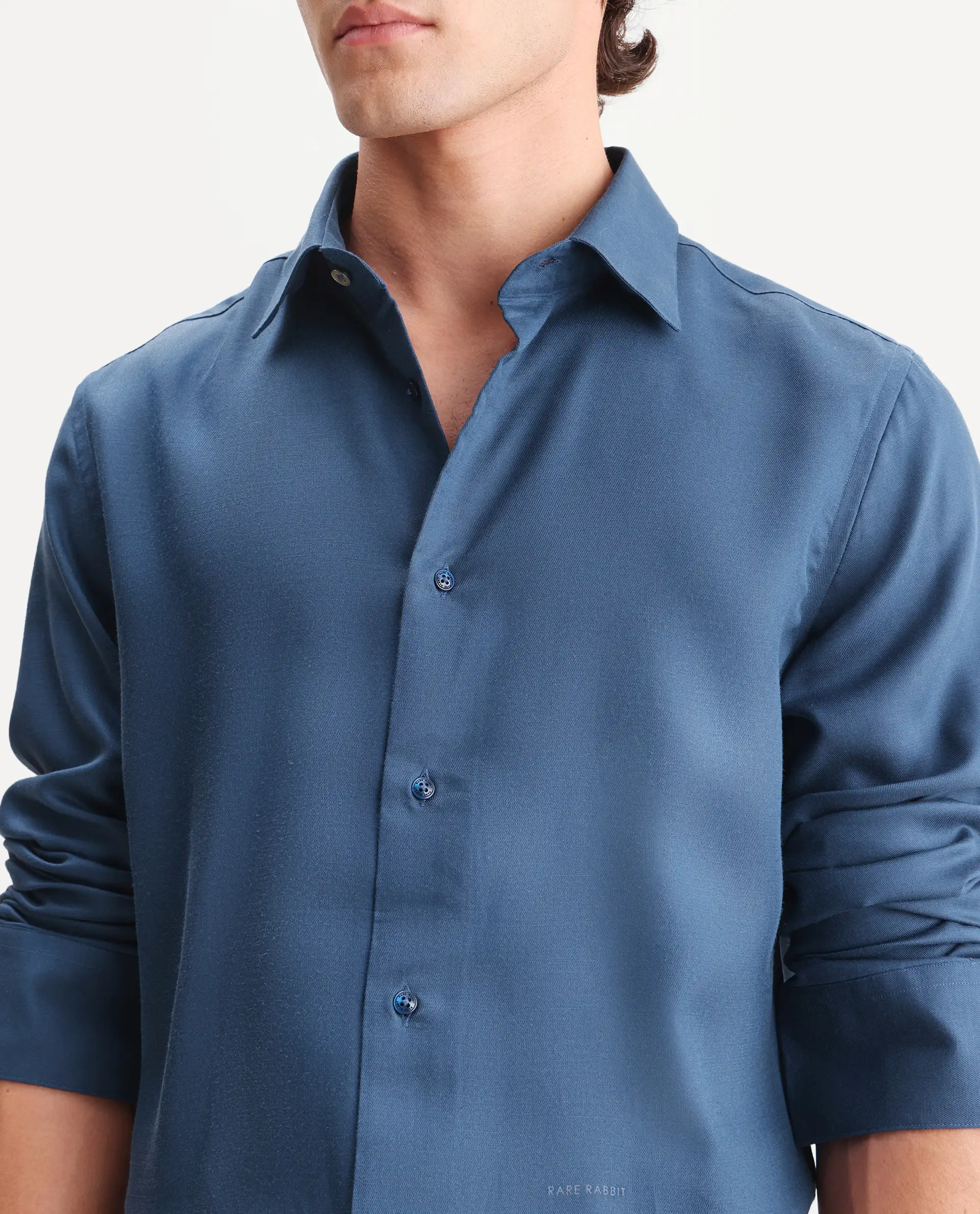 Rare Rabbit Men's Zanty Blue Cotton Blend Fabric Full Sleeve Regular Fit Plain Shirt - Image 3