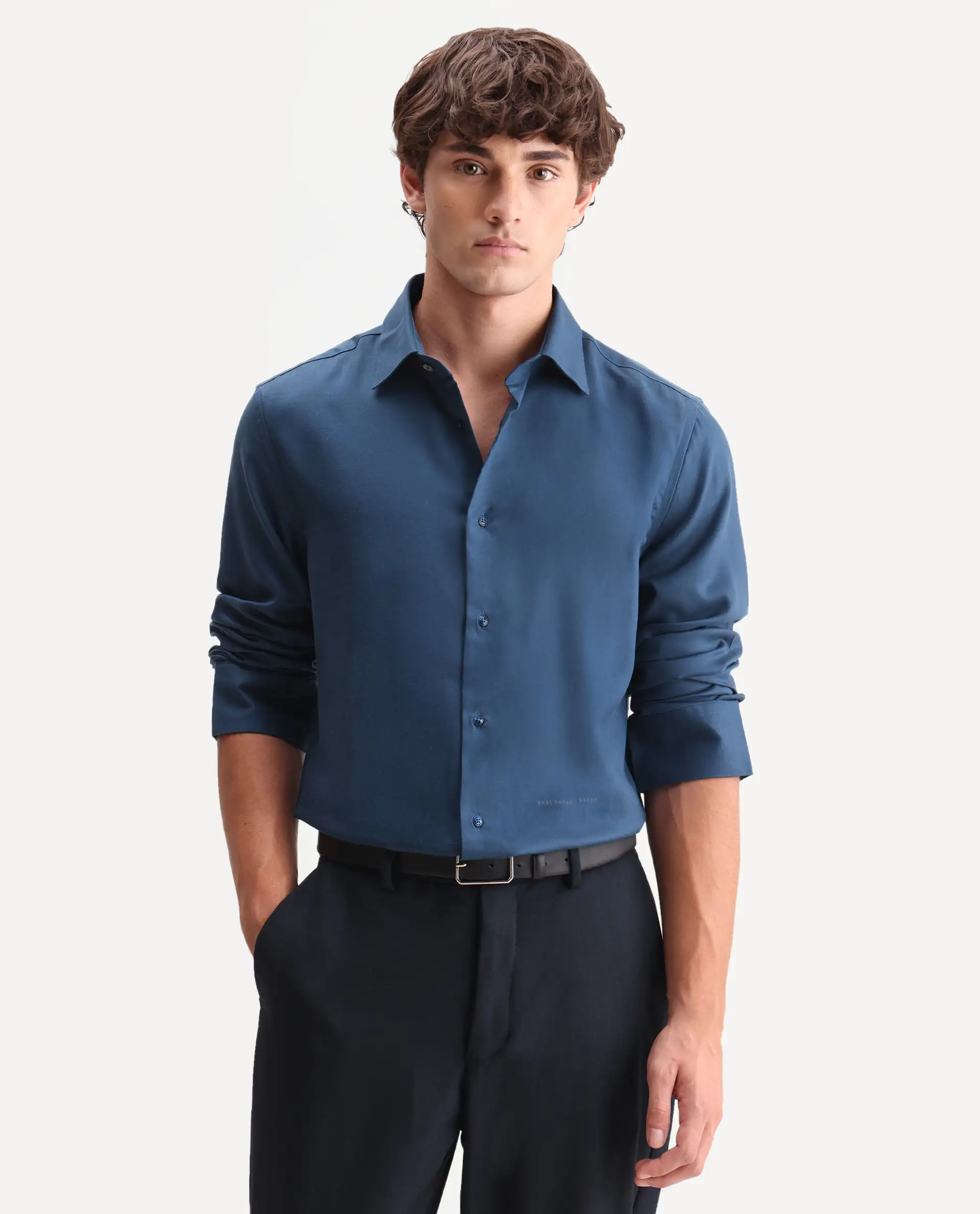 Rare Rabbit Men's Zanty Blue Cotton Blend Fabric Full Sleeve Regular Fit Plain Shirt - Image 4