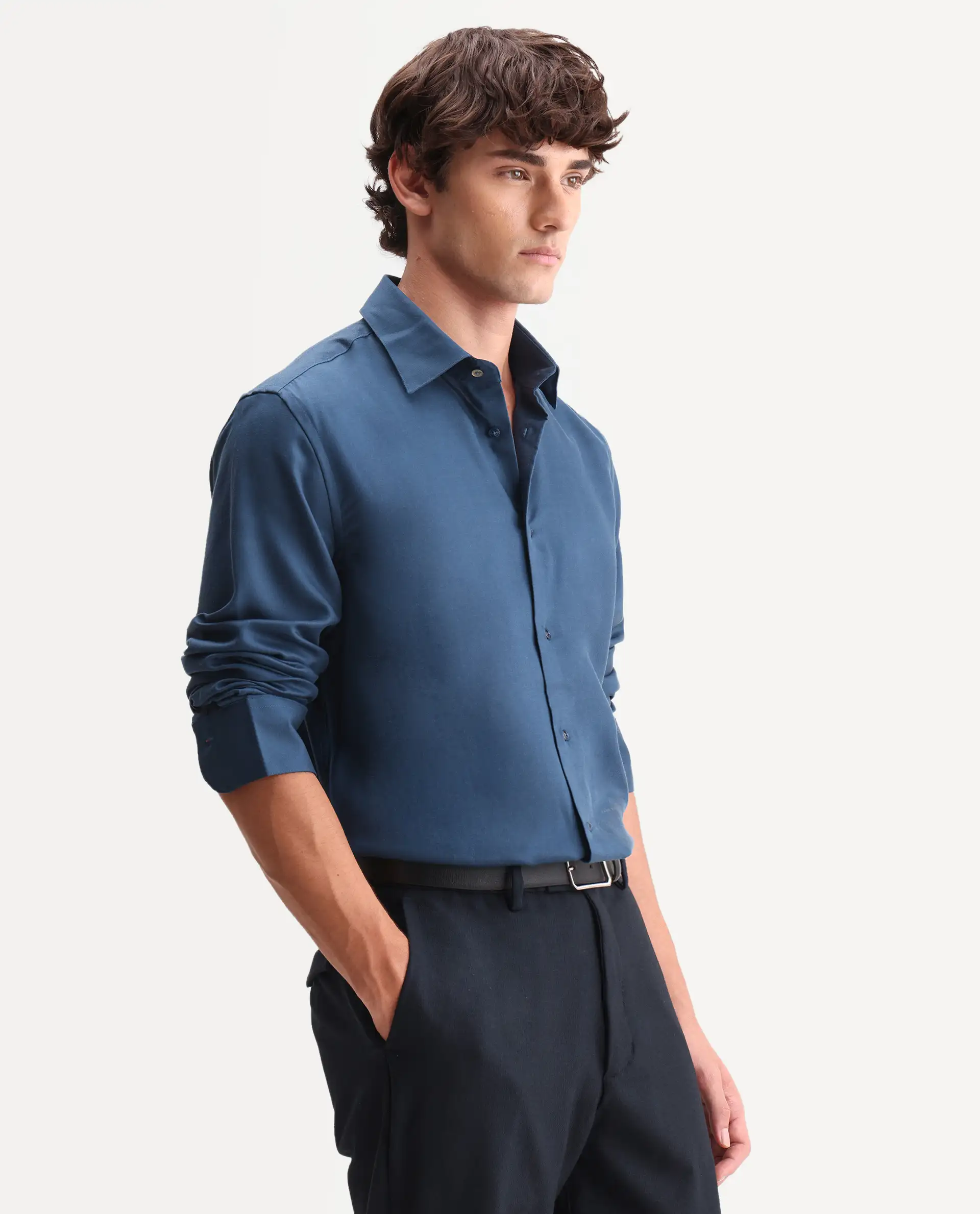 Rare Rabbit Men's Zanty Blue Cotton Blend Fabric Full Sleeve Regular Fit Plain Shirt - Image 5