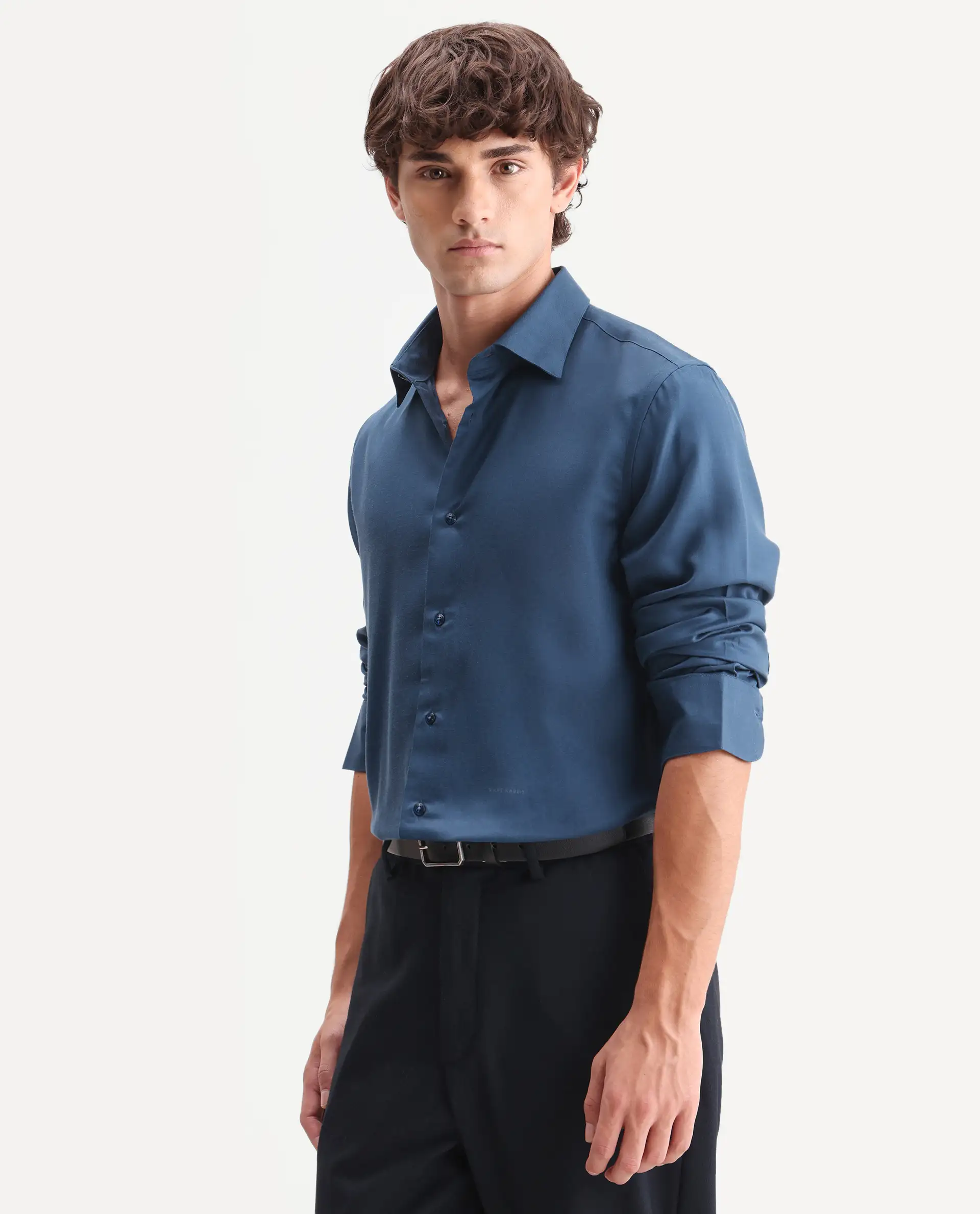 Rare Rabbit Men's Zanty Blue Cotton Blend Fabric Full Sleeve Regular Fit Plain Shirt - Image 6