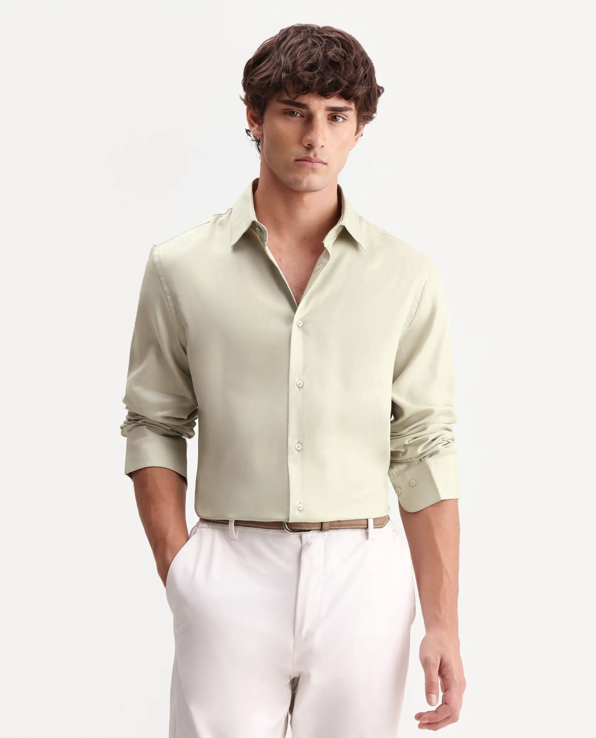 Rare Rabbit Men's Zanty Light Green Cotton Blend Fabric Full Sleeve Regular Fit Plain Shirt - Image 4
