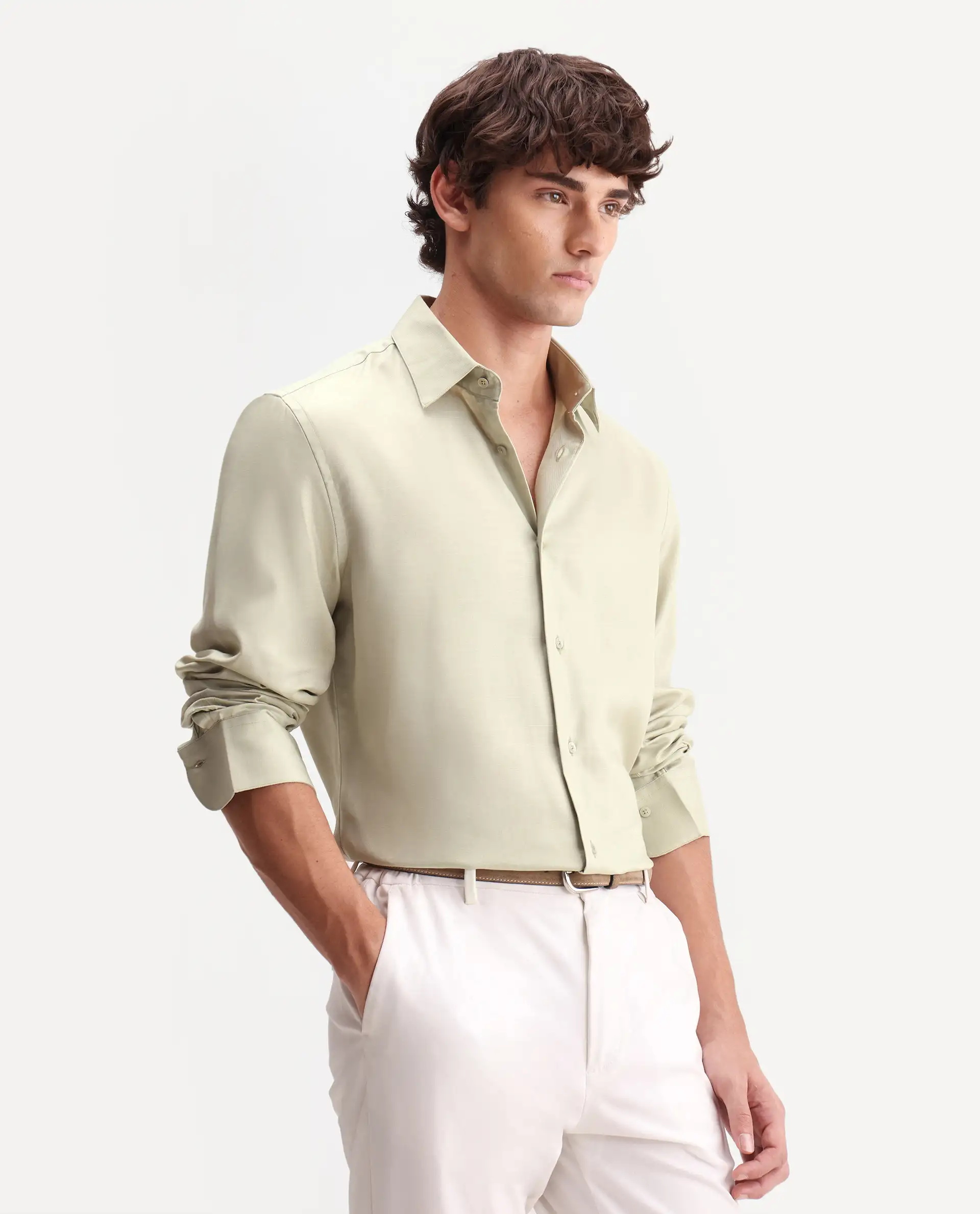 Rare Rabbit Men's Zanty Light Green Cotton Blend Fabric Full Sleeve Regular Fit Plain Shirt - Image 5