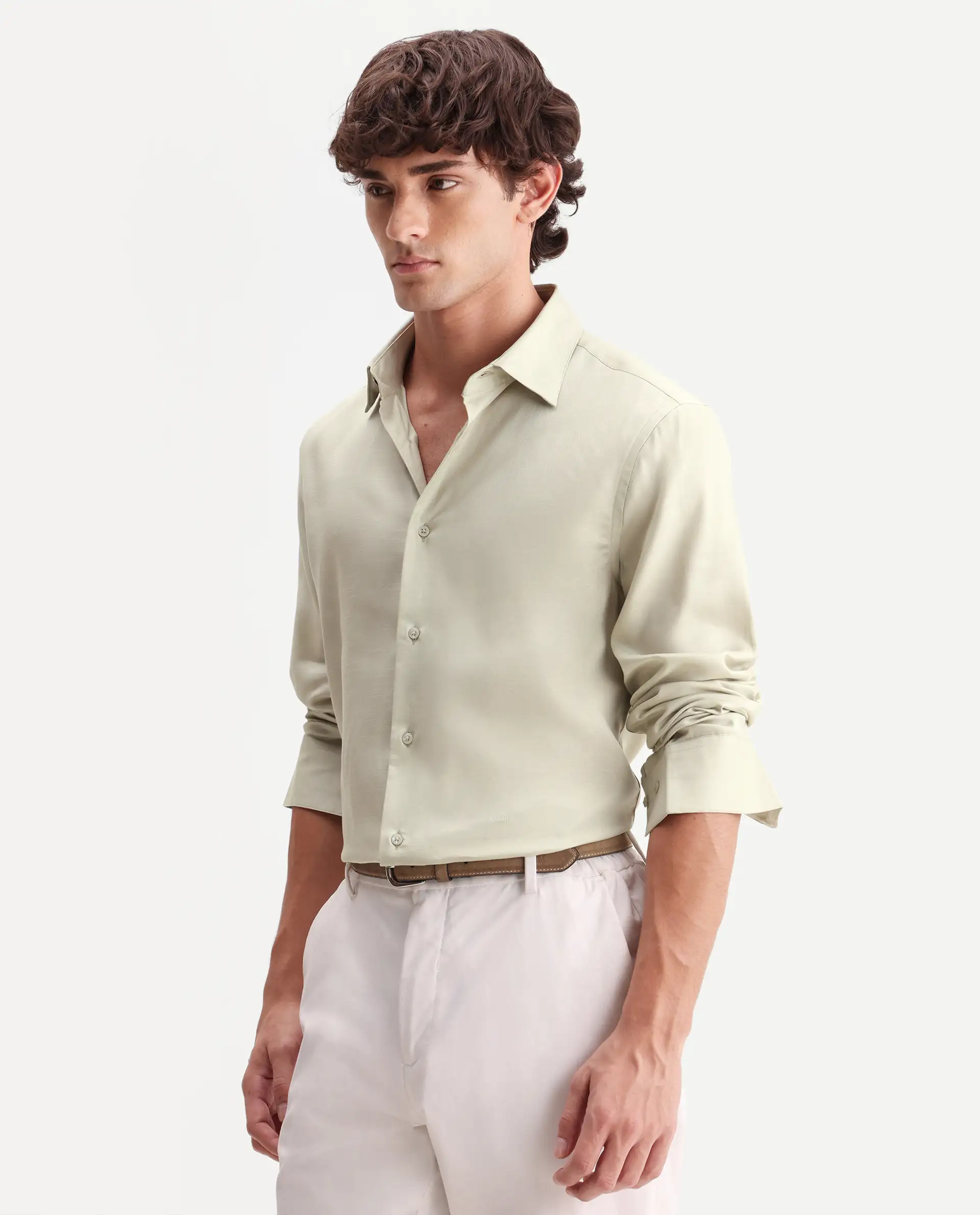 Rare Rabbit Men's Zanty Light Green Cotton Blend Fabric Full Sleeve Regular Fit Plain Shirt - Image 6