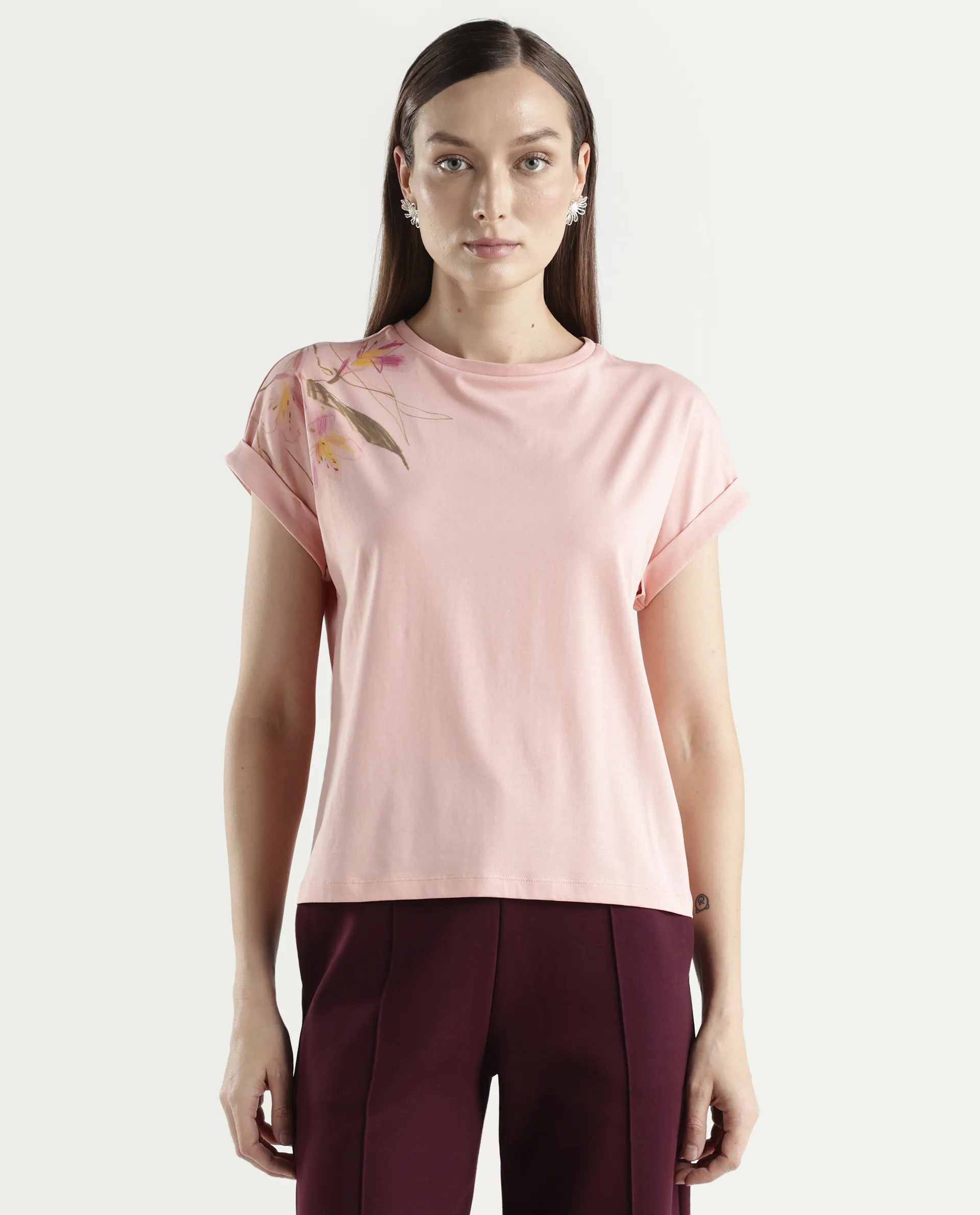 Rareism Women's Zany Peach Cotton Blend Half Sleeve Relaxed Fit Printed T-Shirt - Image 3
