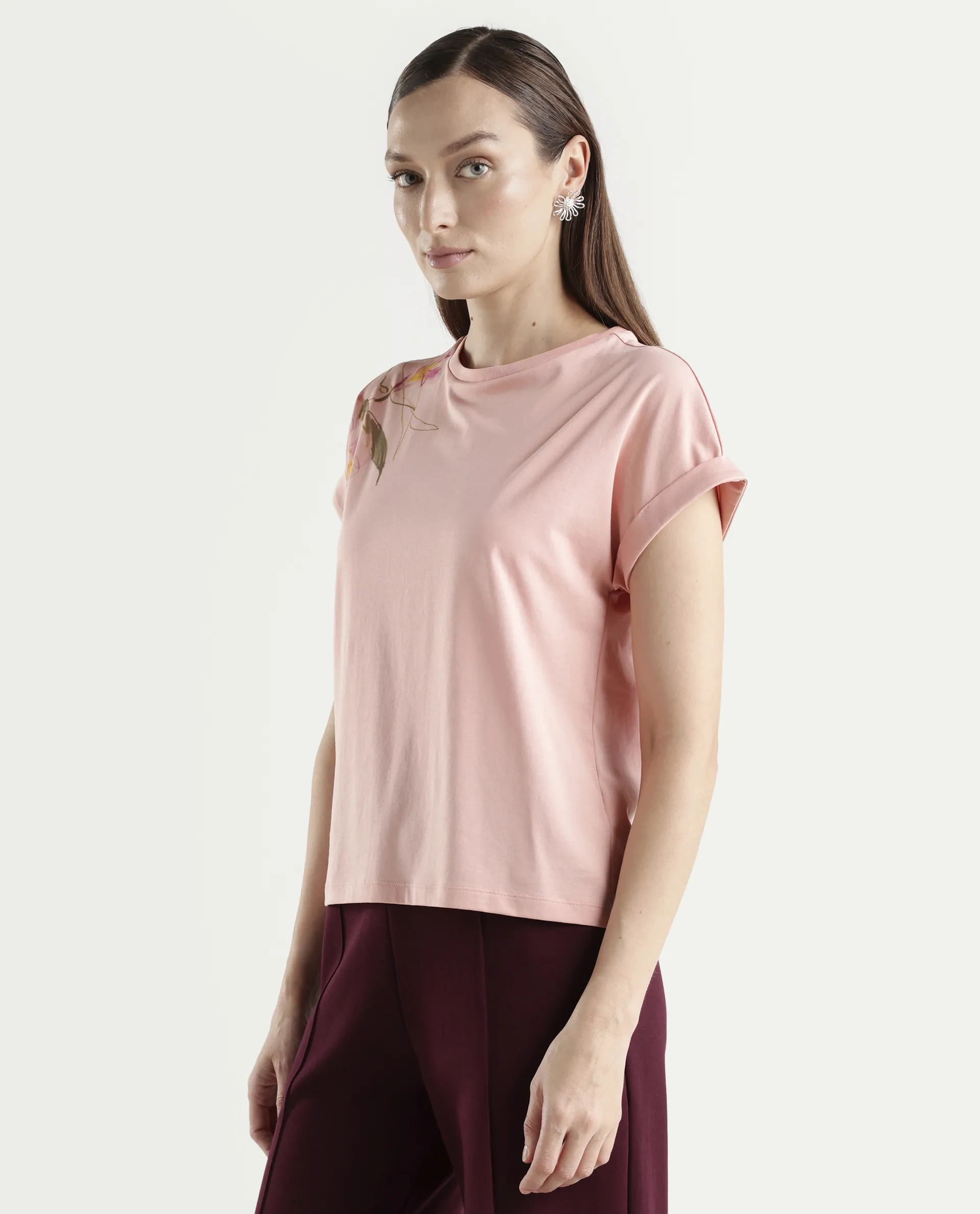 Rareism Women's Zany Peach Cotton Blend Half Sleeve Relaxed Fit Printed T-Shirt - Image 5