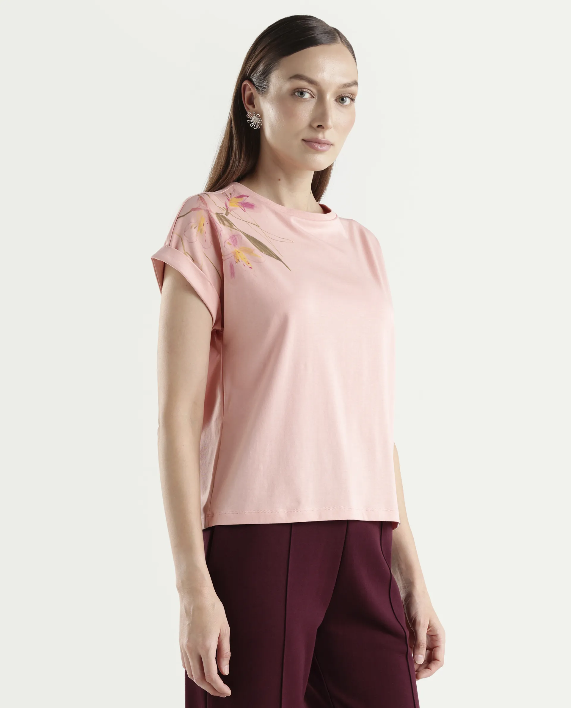 Rareism Women's Zany Peach Cotton Blend Half Sleeve Relaxed Fit Printed T-Shirt - Image 6