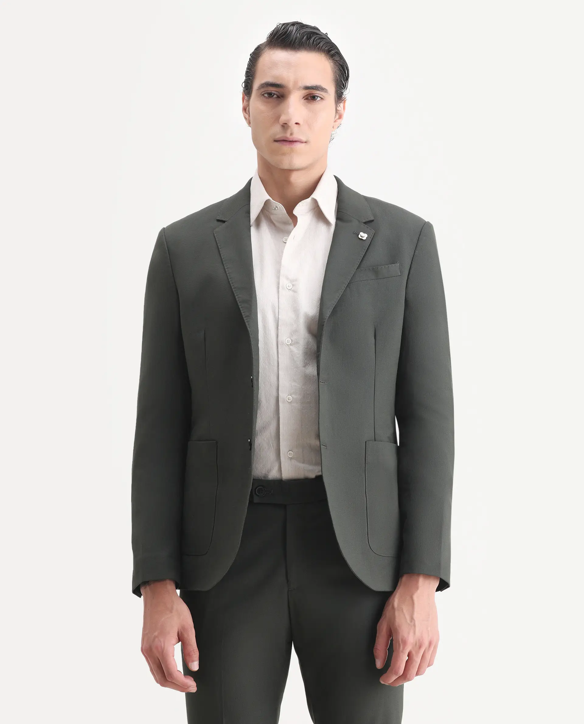 Rare Rabbit Men's Zanza Green Polyester Plain Tailored Fit Full Sleeve Lapel Neck Suits - Image 9