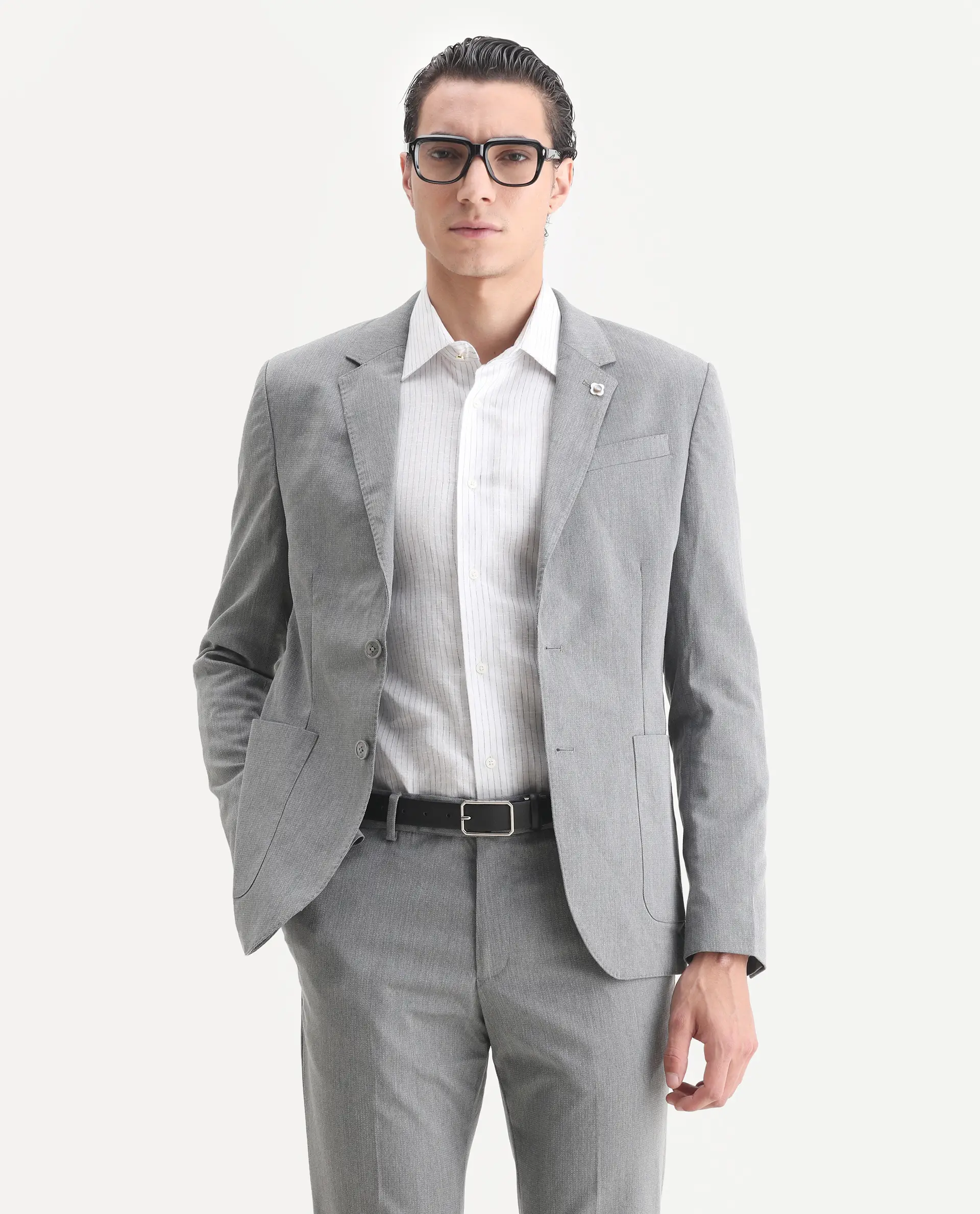 Rare Rabbit Men's Zanza Grey Polyester Plain Tailored Fit Full Sleeve Lapel Neck Suits - Image 2