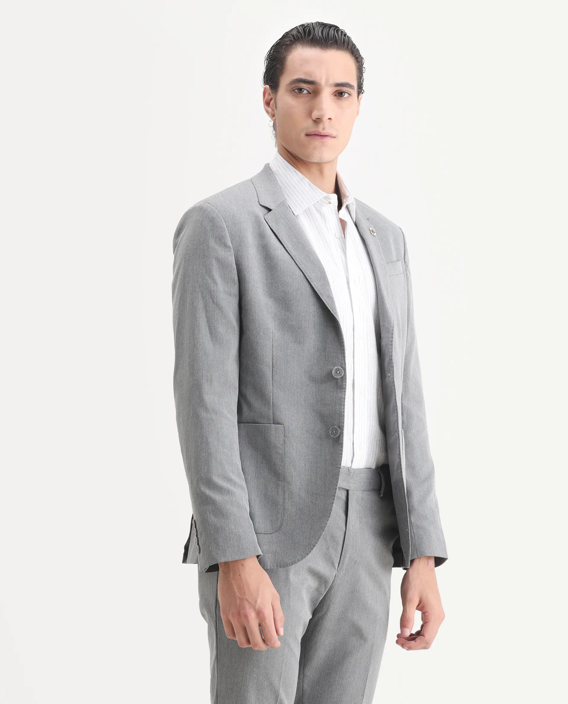 Rare Rabbit Men's Zanza Grey Polyester Plain Tailored Fit Full Sleeve Lapel Neck Suits - Image 4