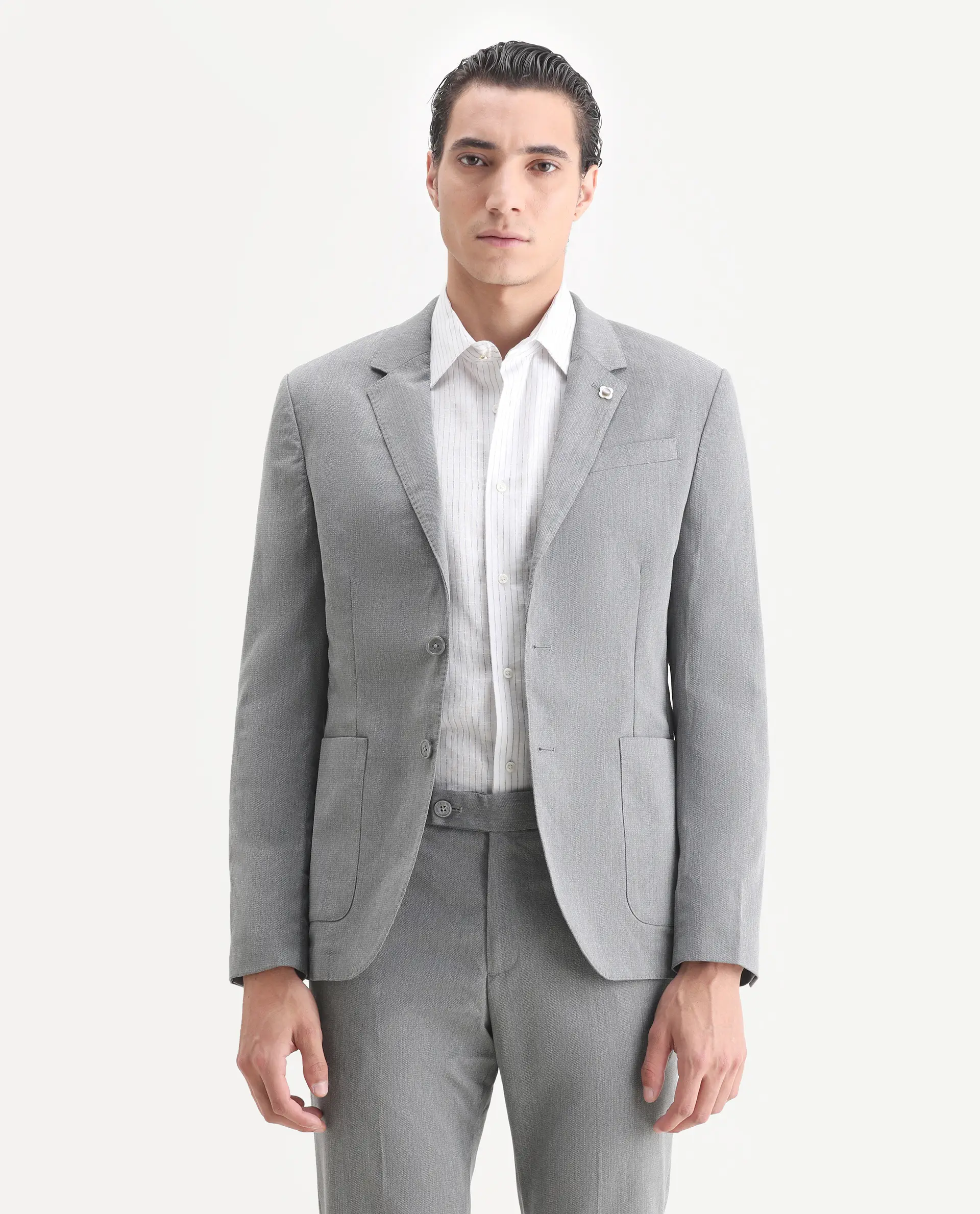 Rare Rabbit Men's Zanza Grey Polyester Plain Tailored Fit Full Sleeve Lapel Neck Suits - Image 5
