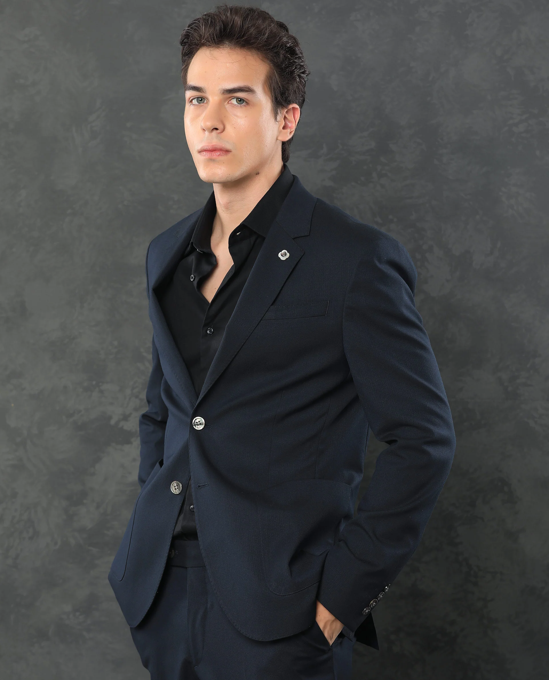 Rare Rabbit Men's Zanza Navy Polyester Plain Tailored Fit Full Sleeve Lapel Neck Suits - Image 2
