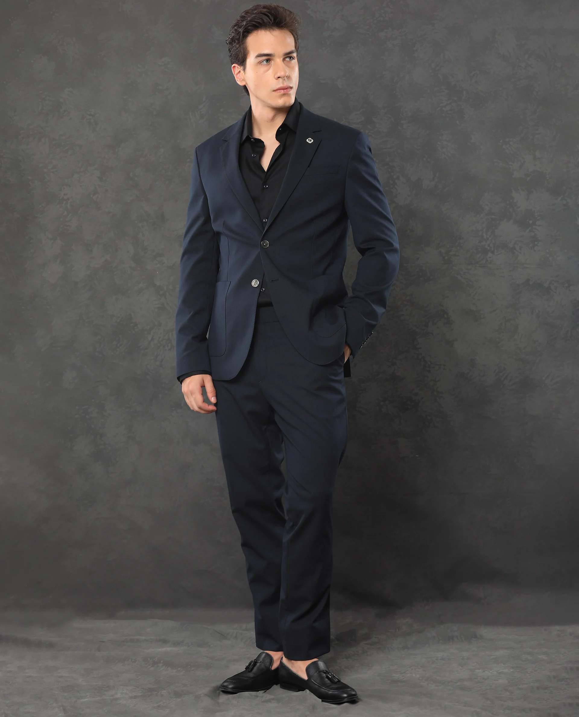 Rare Rabbit Men's Zanza Navy Polyester Plain Tailored Fit Full Sleeve Lapel Neck Suits - Image 3