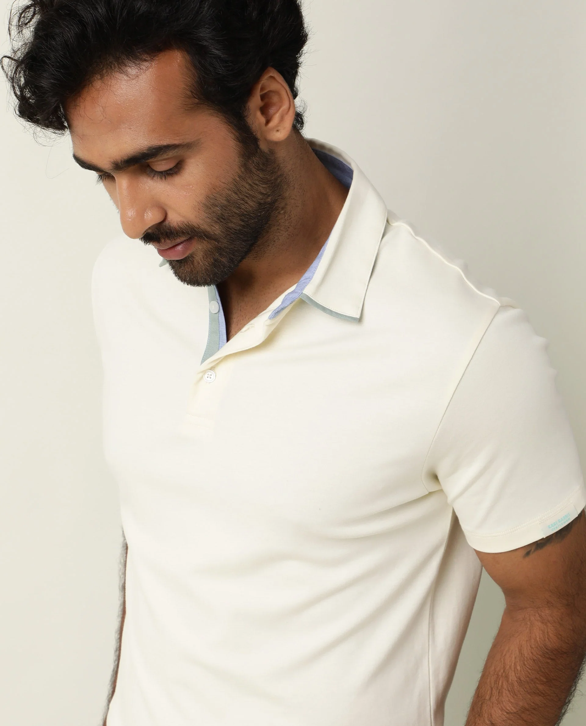 Rare Rabbit Men's Zap Off White Cotton Plain Regular Fit Half Sleeve Polo