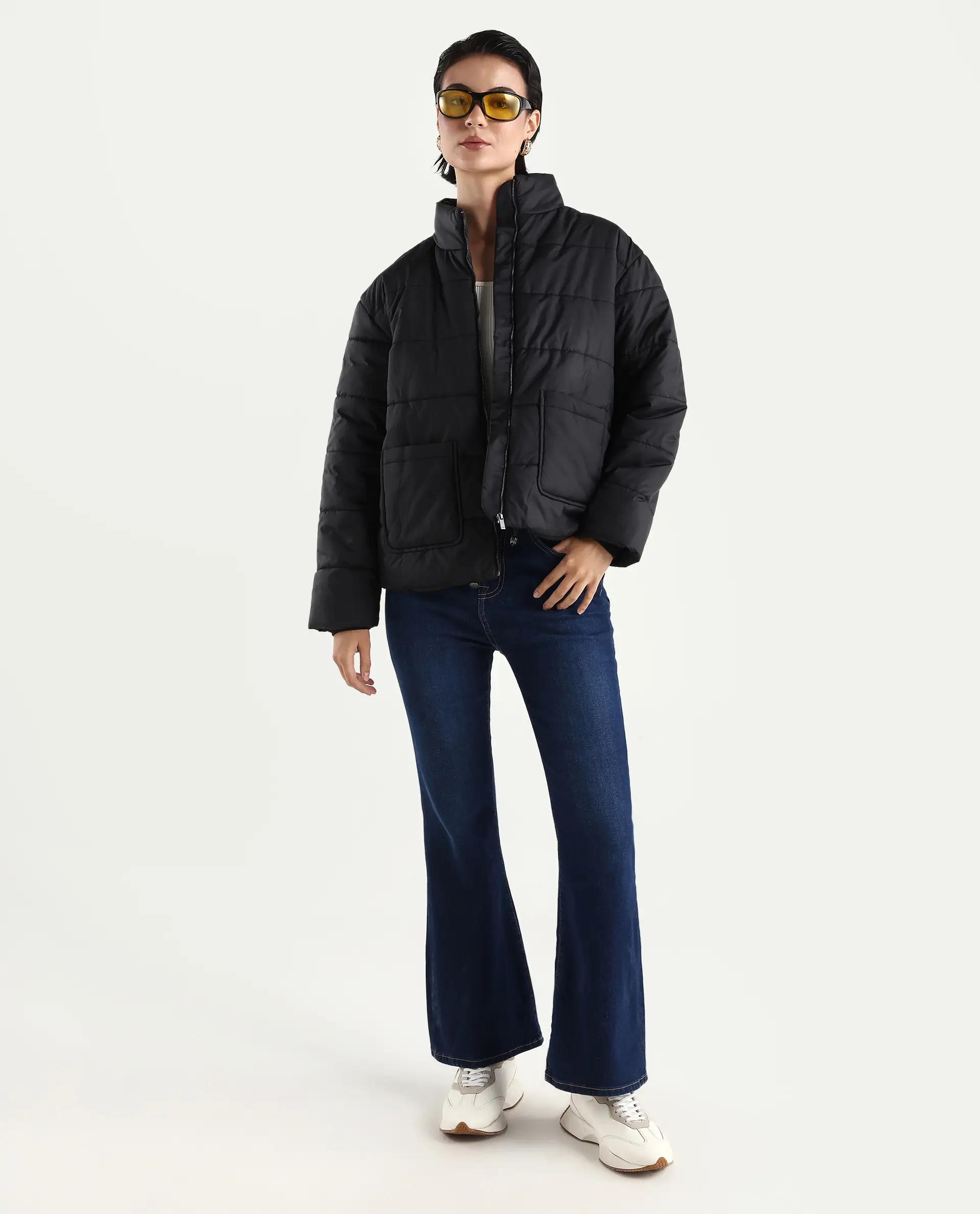 Rareism Women's Zapel Black Polyester Round Collar Boxy Plain Jacket - Image 2