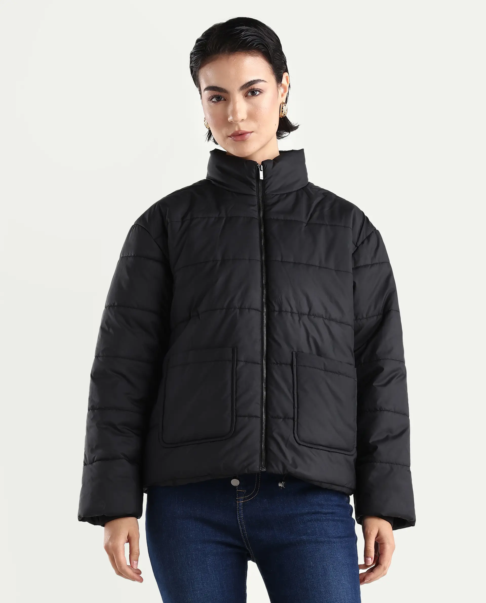 Rareism Women's Zapel Black Polyester Round Collar Boxy Plain Jacket - Image 3