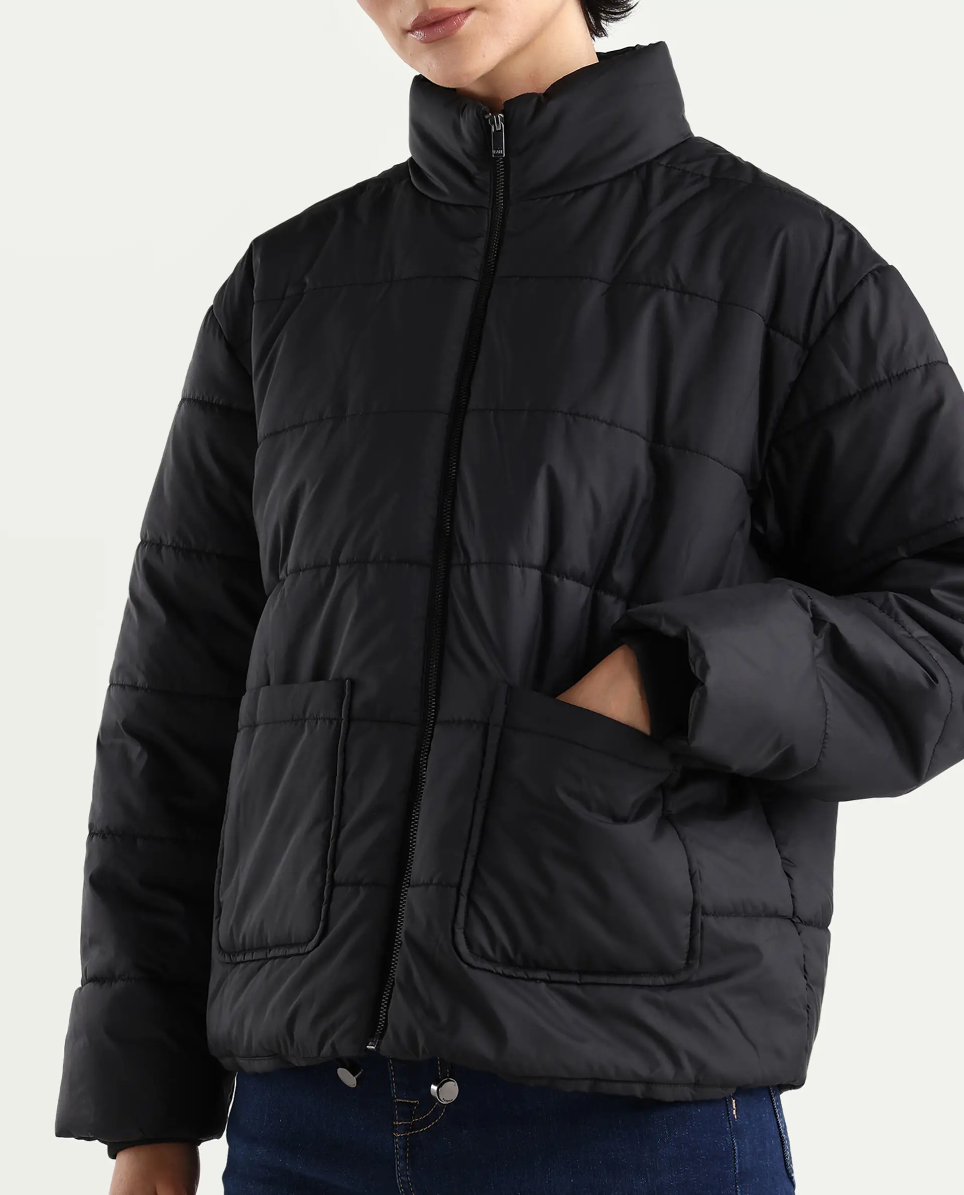 Rareism Women's Zapel Black Polyester Round Collar Boxy Plain Jacket - Image 4