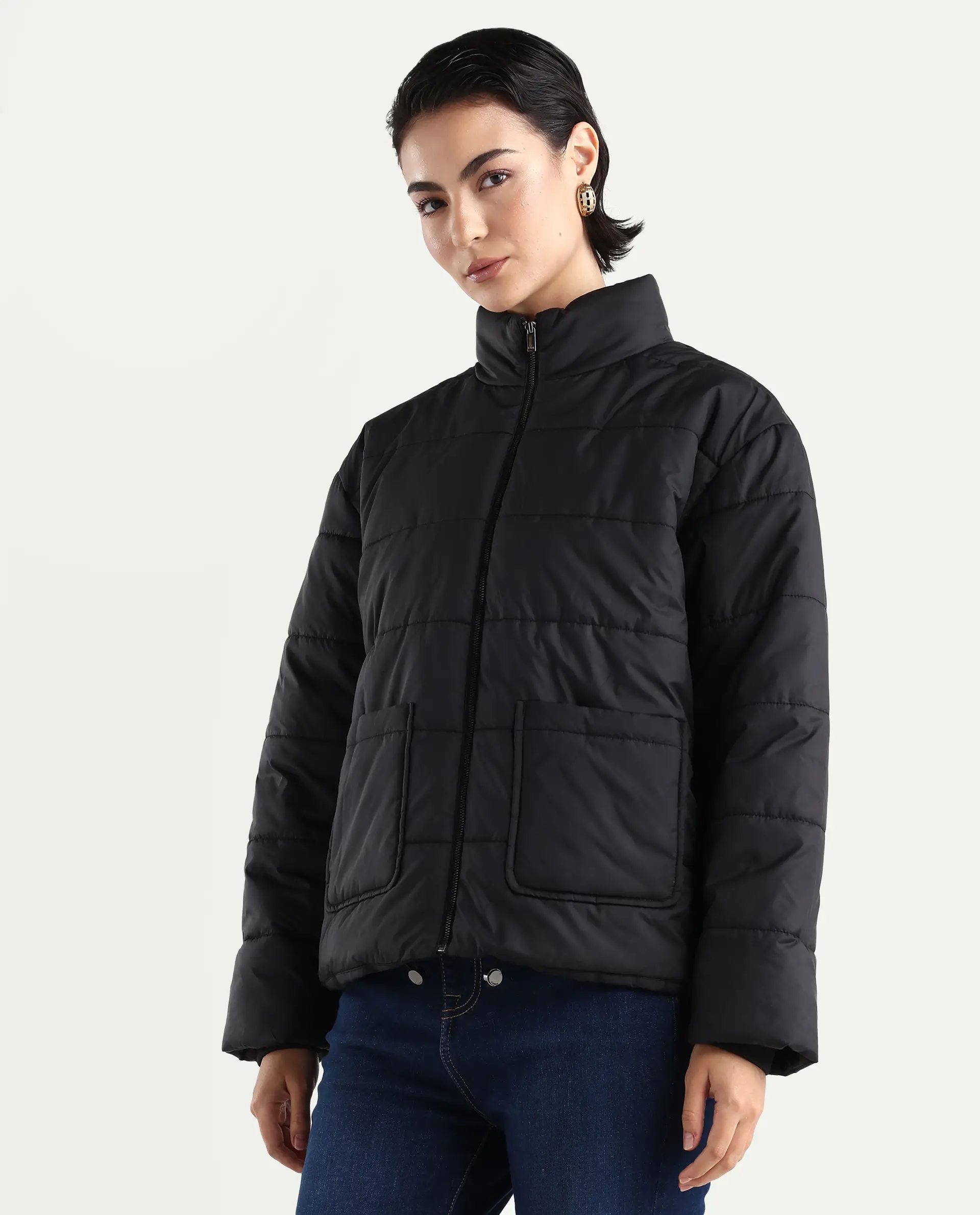 Rareism Women's Zapel Black Polyester Round Collar Boxy Plain Jacket - Image 5