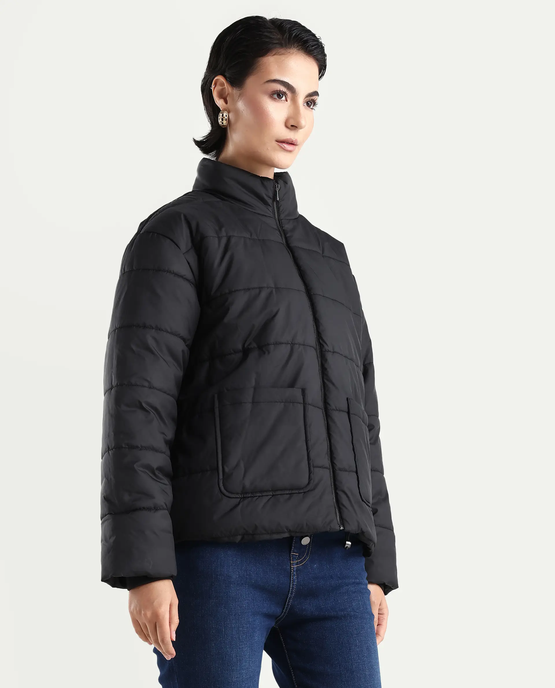 Rareism Women's Zapel Black Polyester Round Collar Boxy Plain Jacket - Image 6