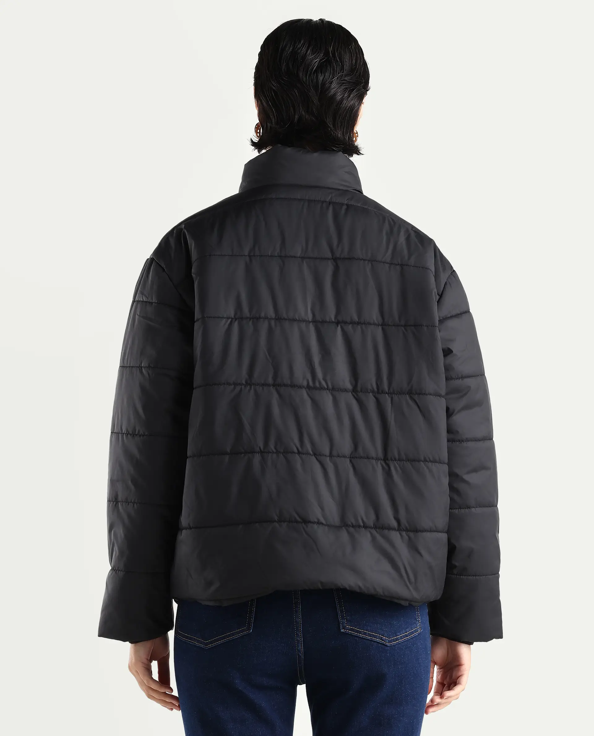 Rareism Women's Zapel Black Polyester Round Collar Boxy Plain Jacket - Image 7