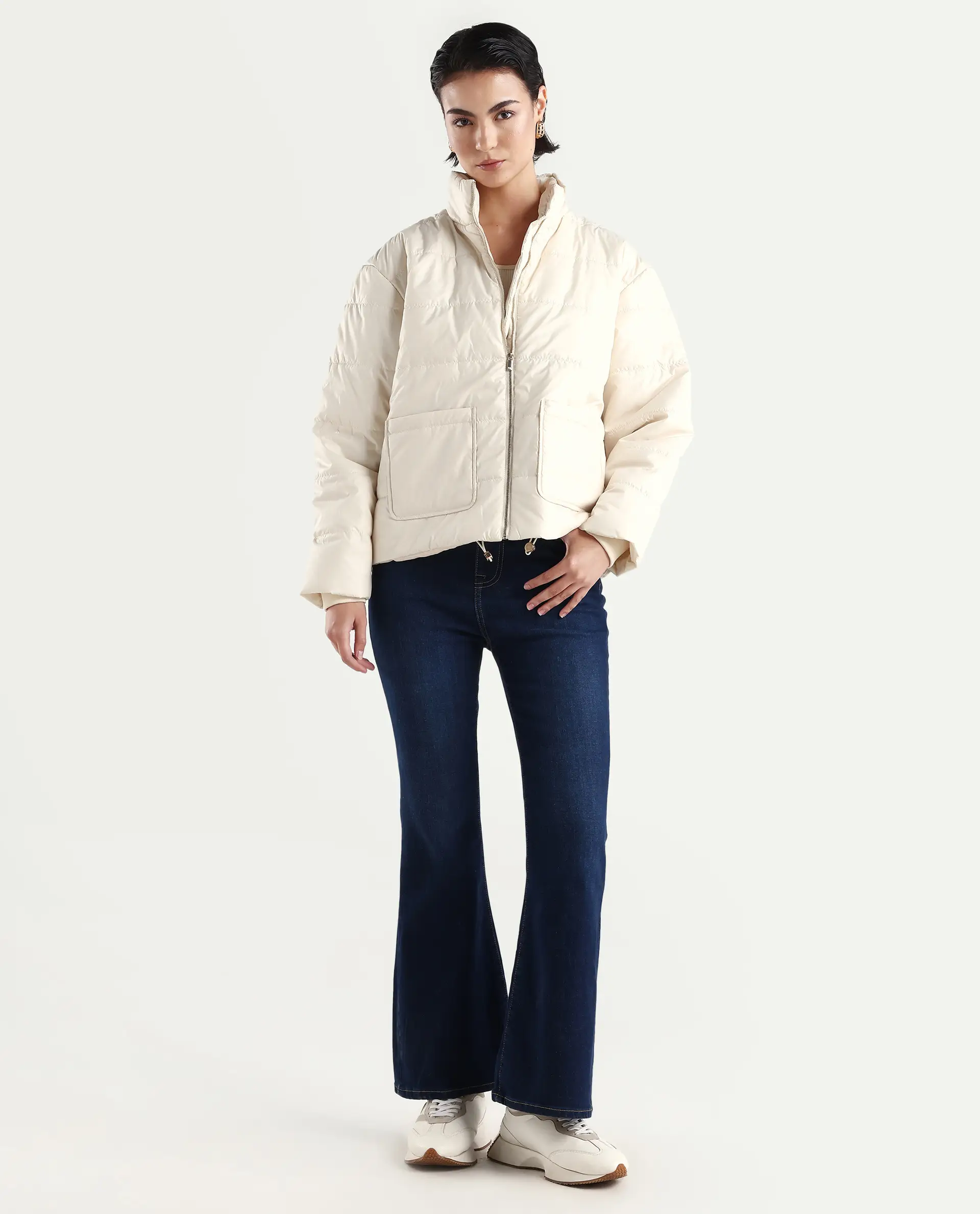Rareism Women's Zapel Off White Polyester Round Collar Boxy Plain Jacket - Image 2
