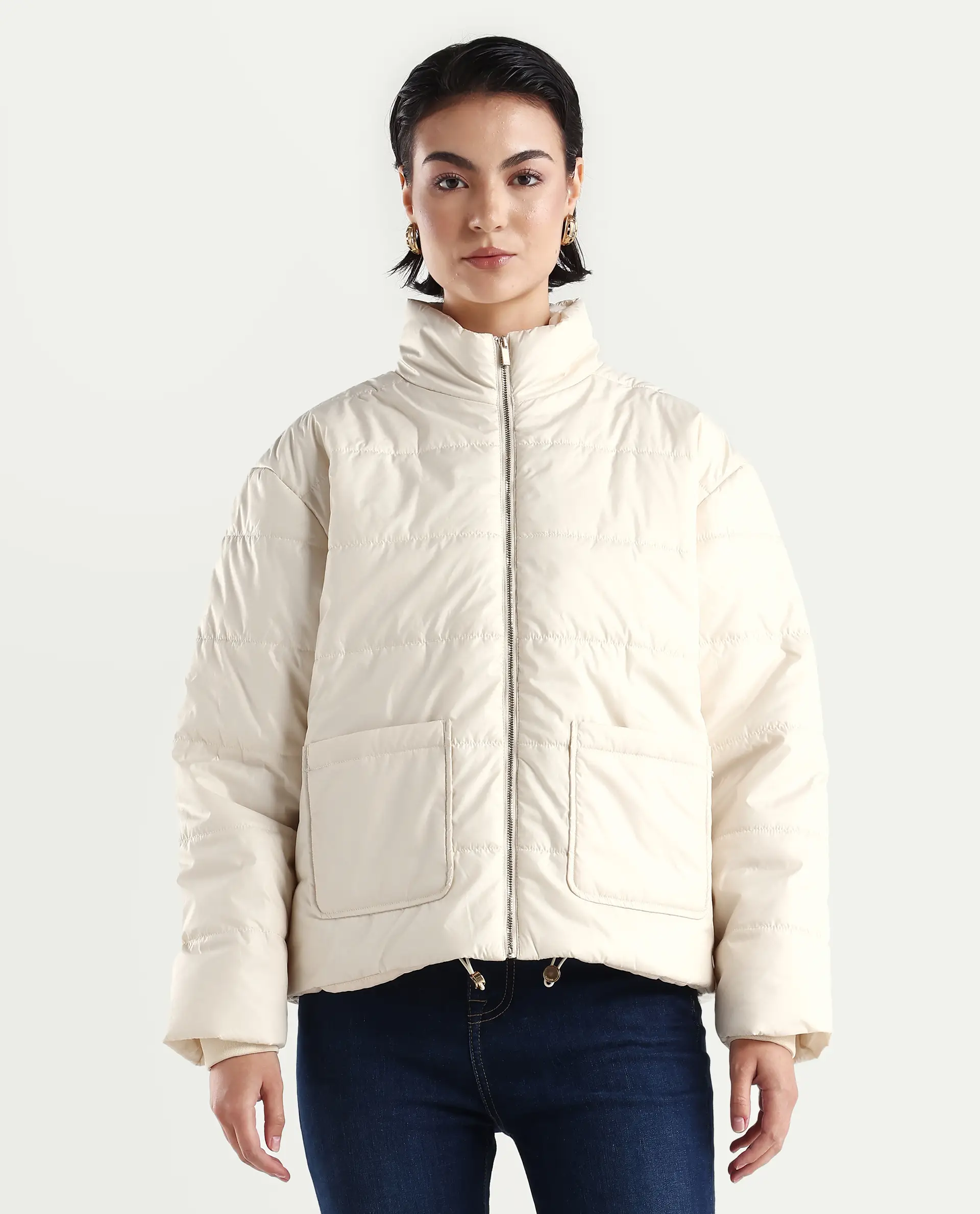 Rareism Women's Zapel Off White Polyester Round Collar Boxy Plain Jacket - Image 3