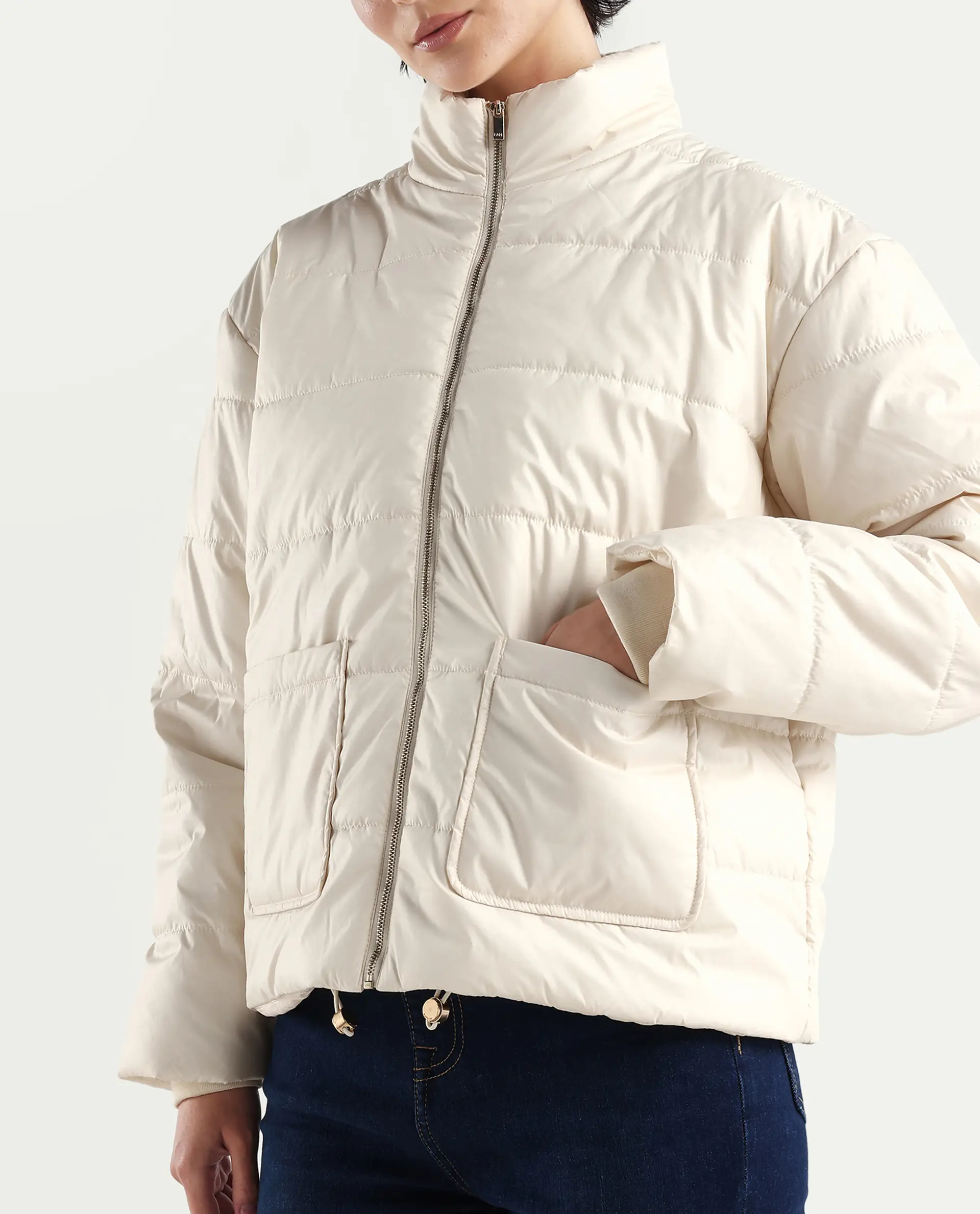 Rareism Women's Zapel Off White Polyester Round Collar Boxy Plain Jacket - Image 4