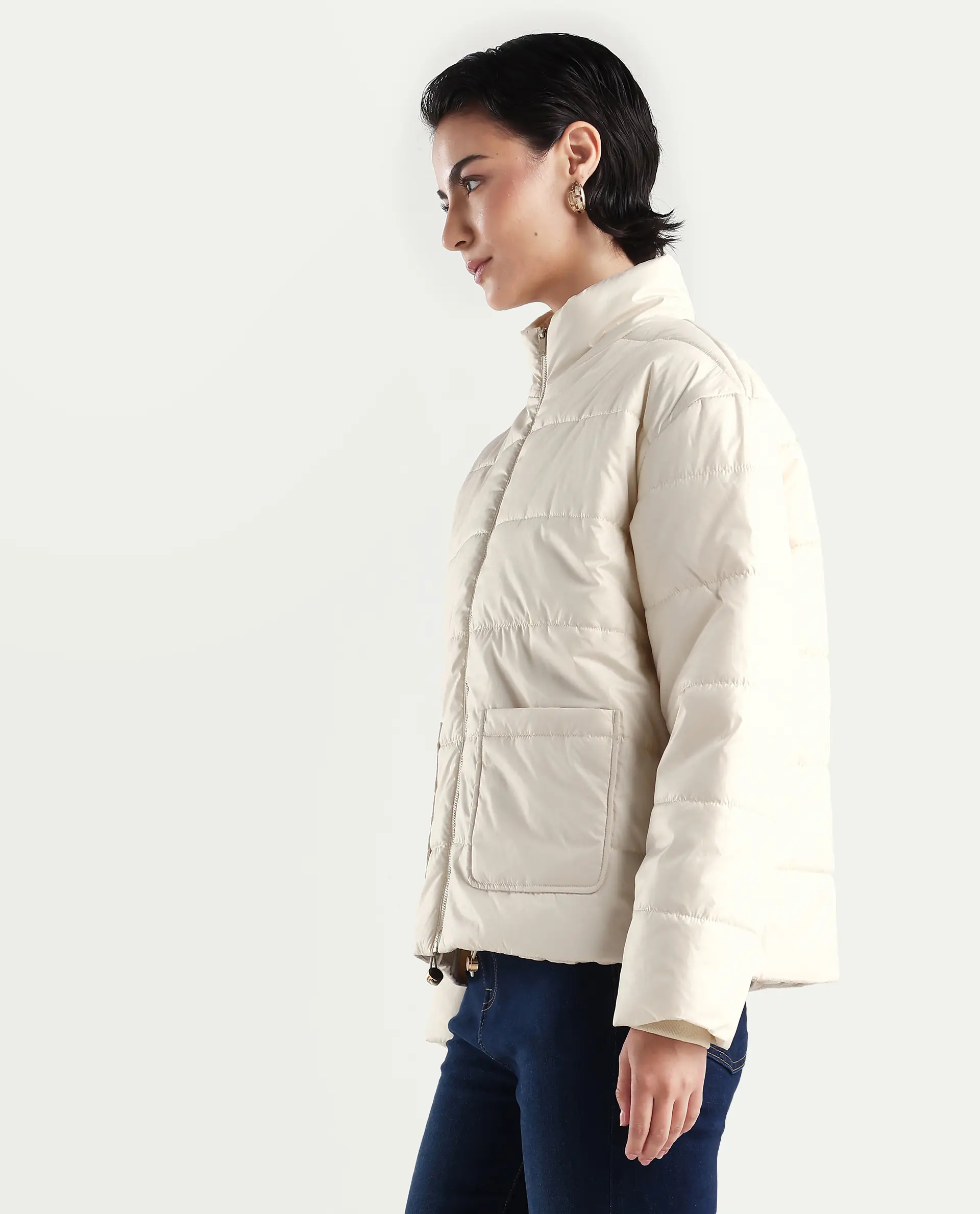 Rareism Women's Zapel Off White Polyester Round Collar Boxy Plain Jacket - Image 5