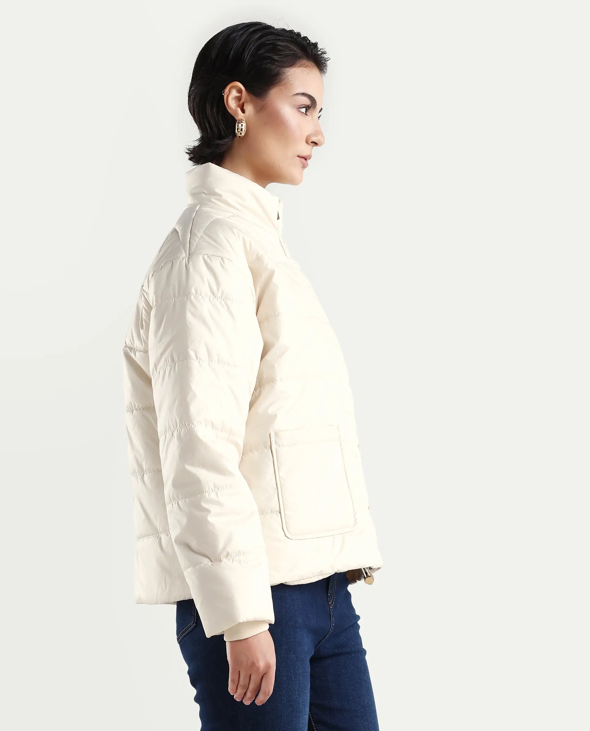 Rareism Women's Zapel Off White Polyester Round Collar Boxy Plain Jacket - Image 6
