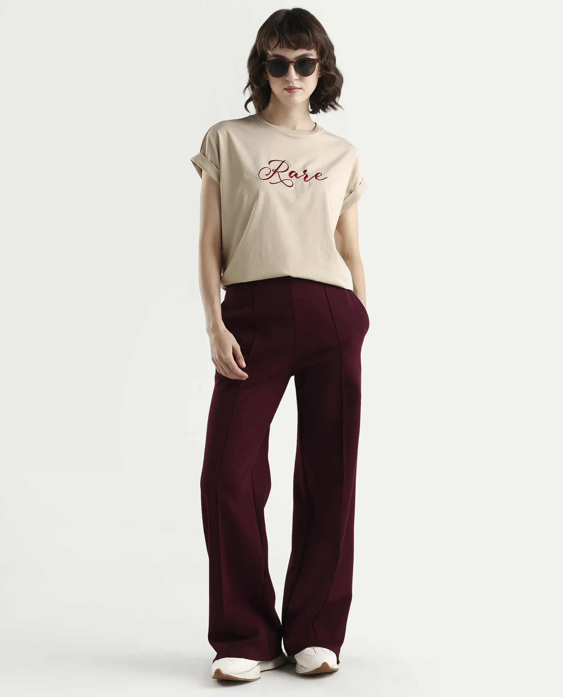 Rareism Women's Zaph Beige Cotton Blend Half Sleeve Relaxed Fit Plain T-Shirt - Image 2