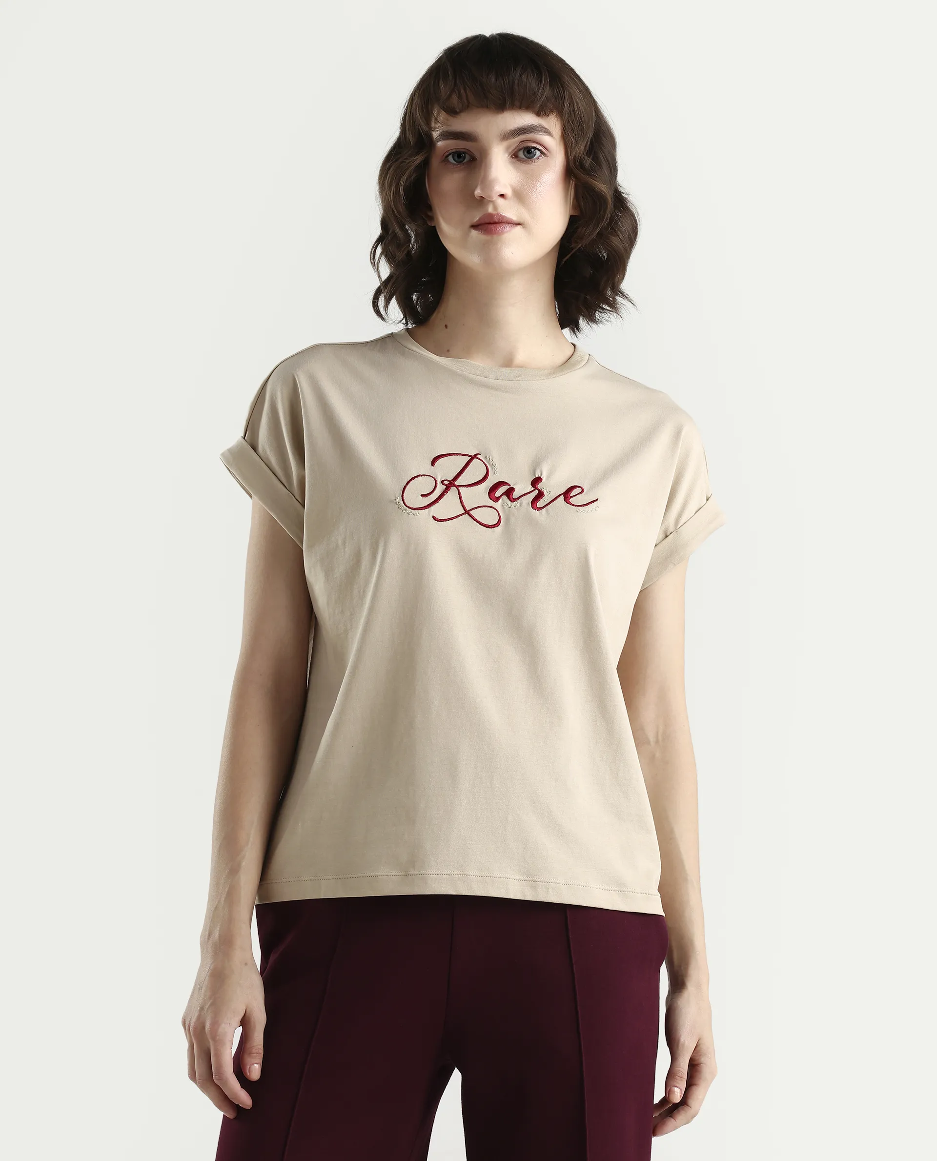 Rareism Women's Zaph Beige Cotton Blend Half Sleeve Relaxed Fit Plain T-Shirt - Image 3