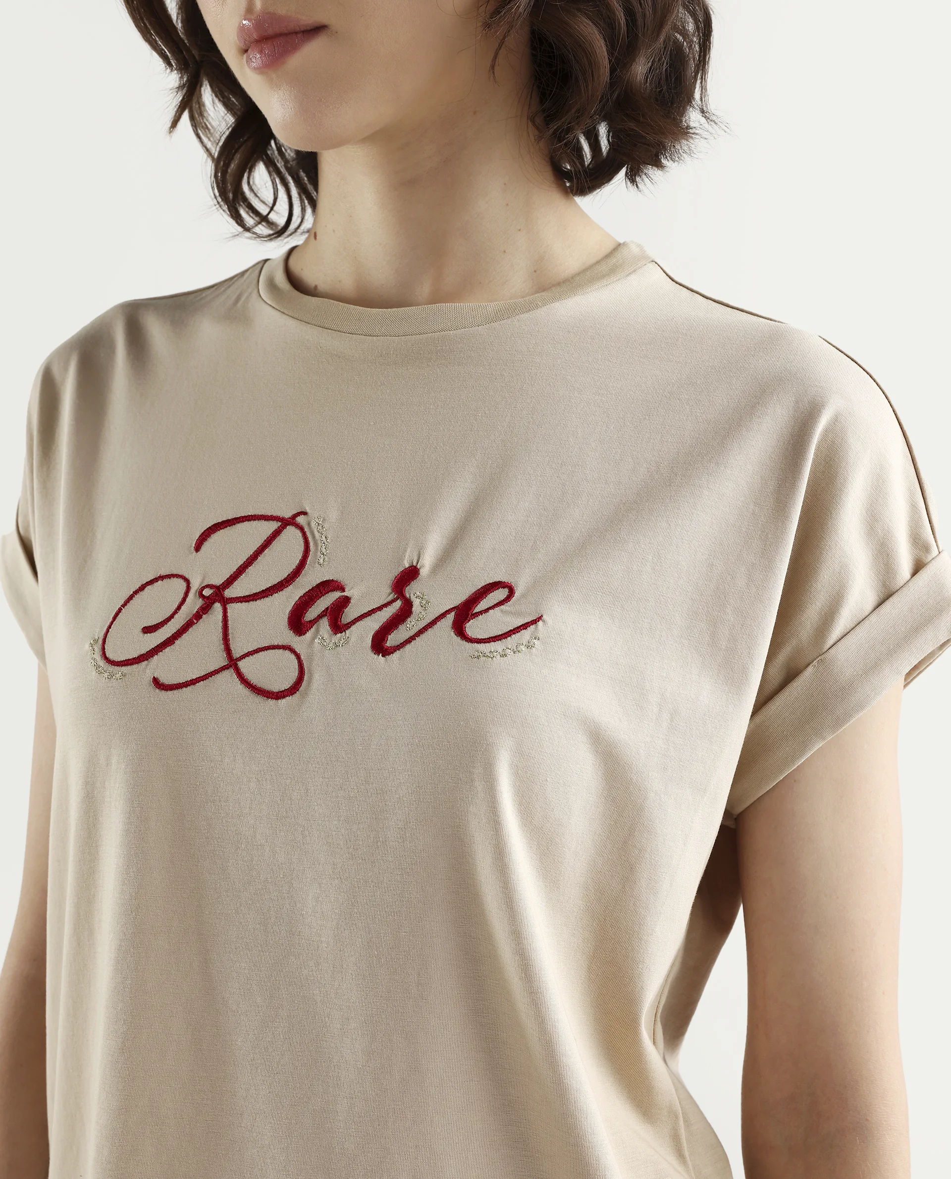 Rareism Women's Zaph Beige Cotton Blend Half Sleeve Relaxed Fit Plain T-Shirt - Image 4