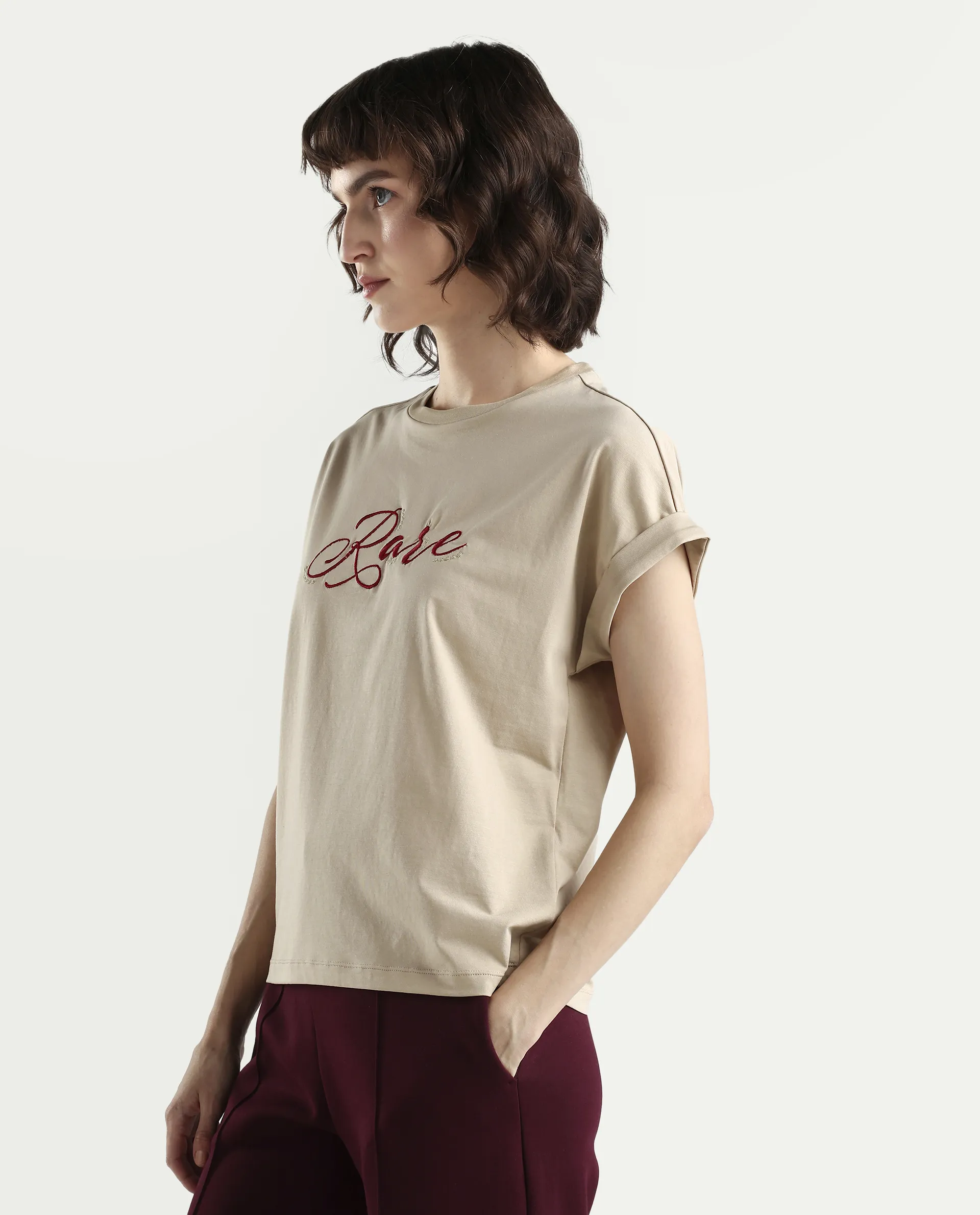 Rareism Women's Zaph Beige Cotton Blend Half Sleeve Relaxed Fit Plain T-Shirt - Image 5