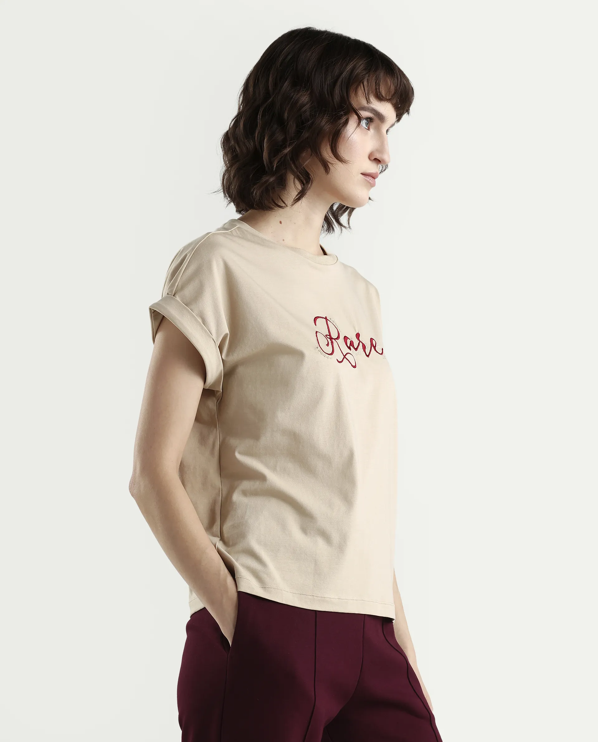 Rareism Women's Zaph Beige Cotton Blend Half Sleeve Relaxed Fit Plain T-Shirt - Image 6