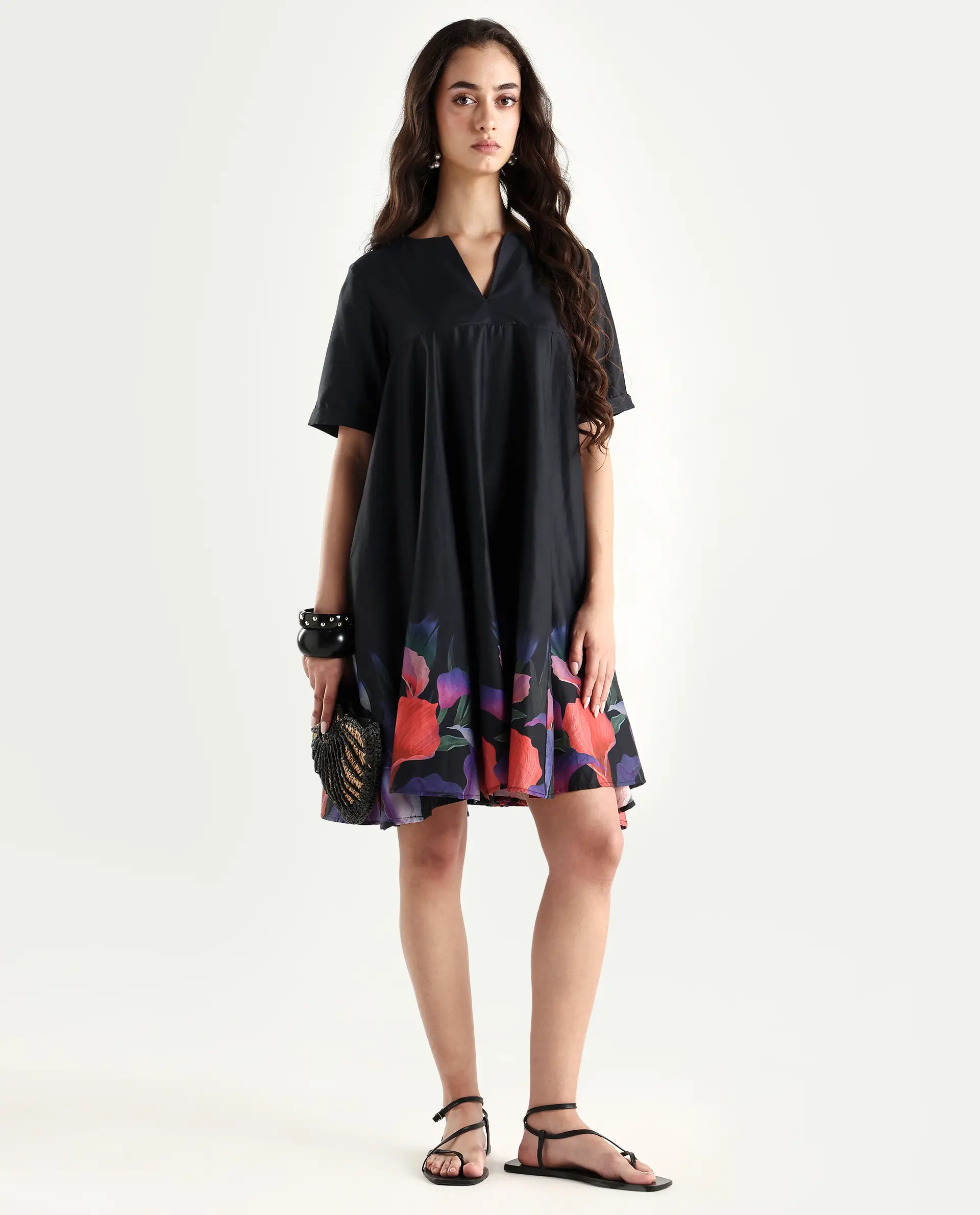 Rareism Women's Zapon Black Cotton Blend Crew Neck Floral Print Knee Length Fit And Flare Dress - Image 2