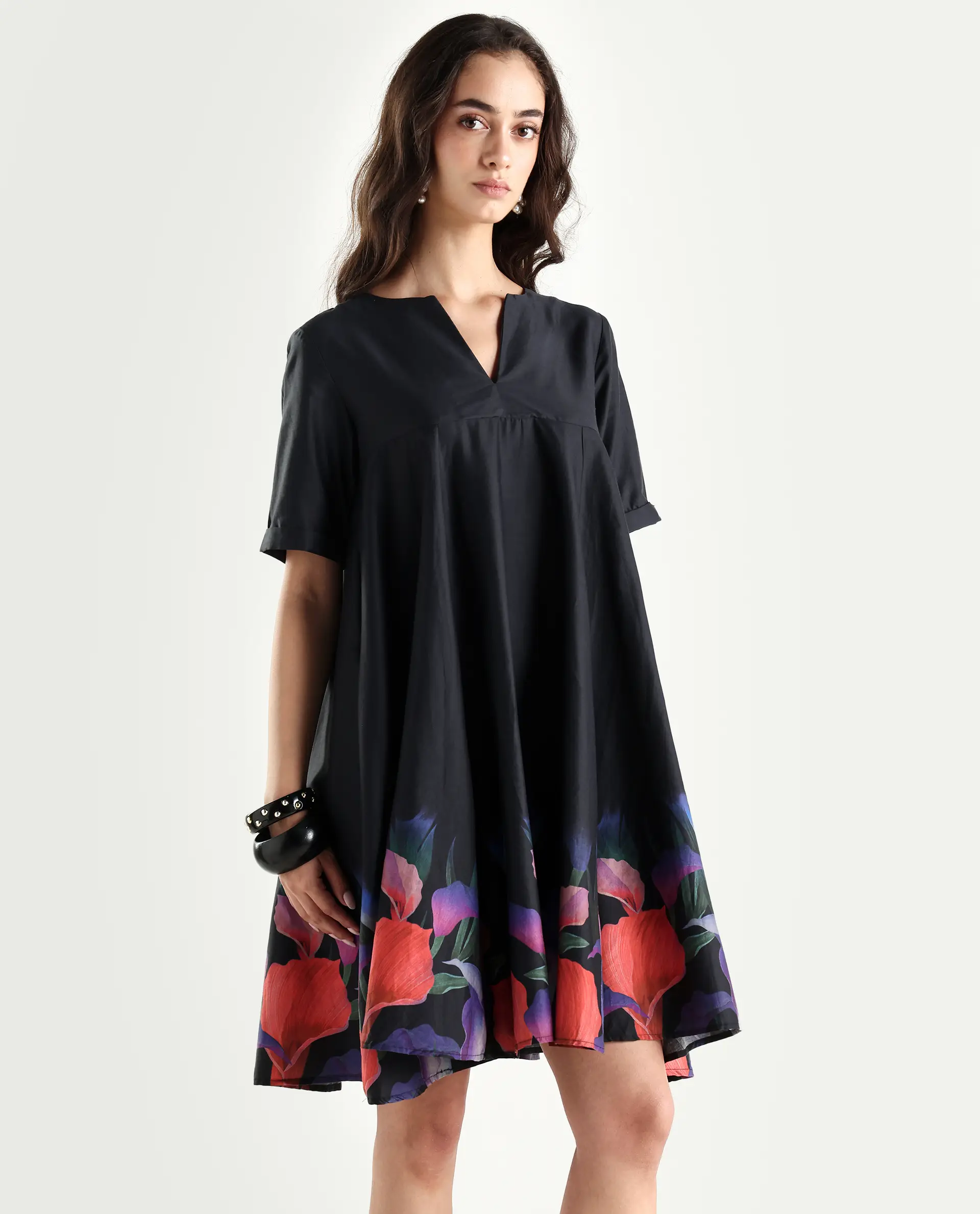 Rareism Women's Zapon Black Cotton Blend Crew Neck Floral Print Knee Length Fit And Flare Dress - Image 6