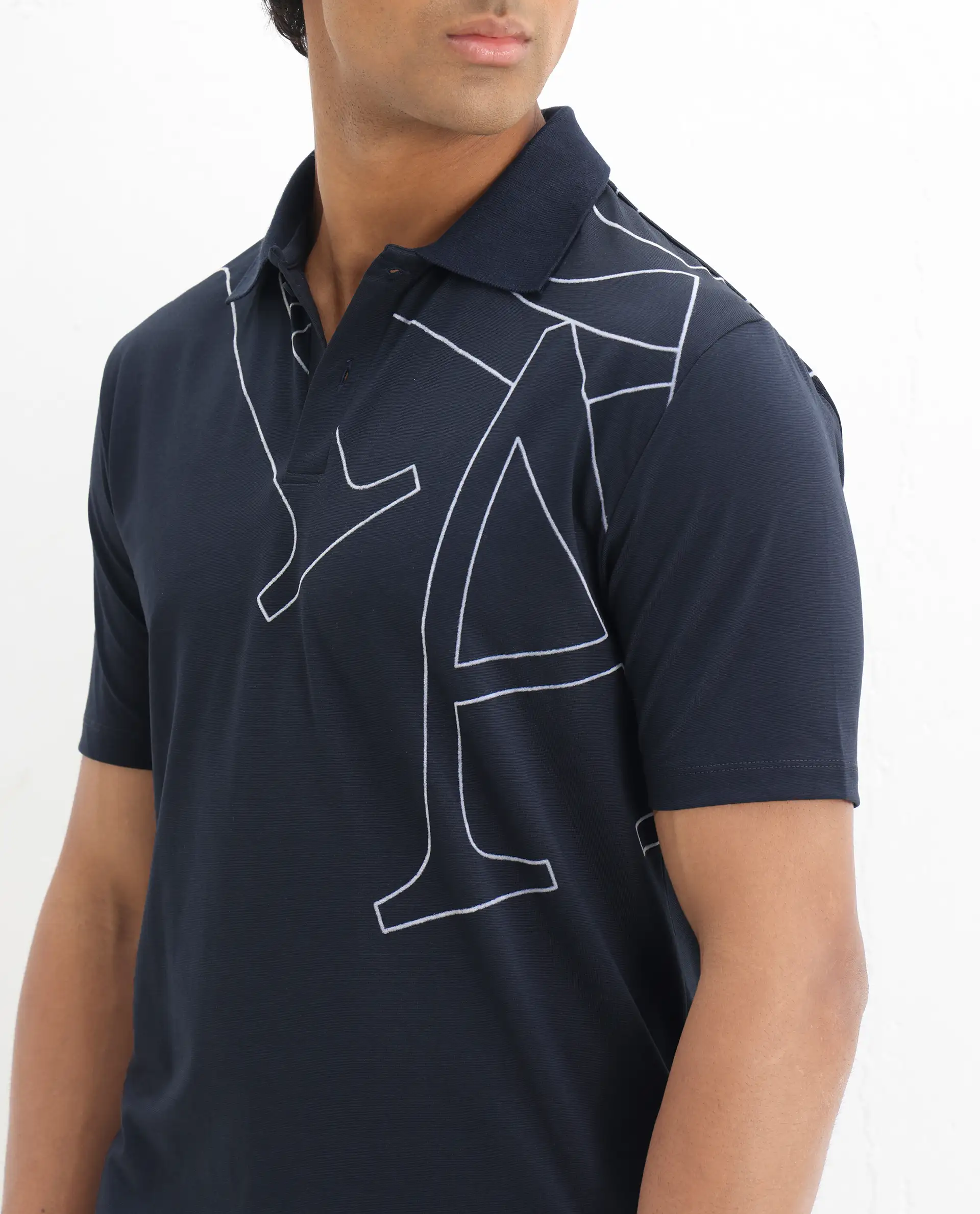 Rare Rabbit Men's Zapos Navy Cotton Graphic Print Regular Fit Half Sleeve Polo - Image 3