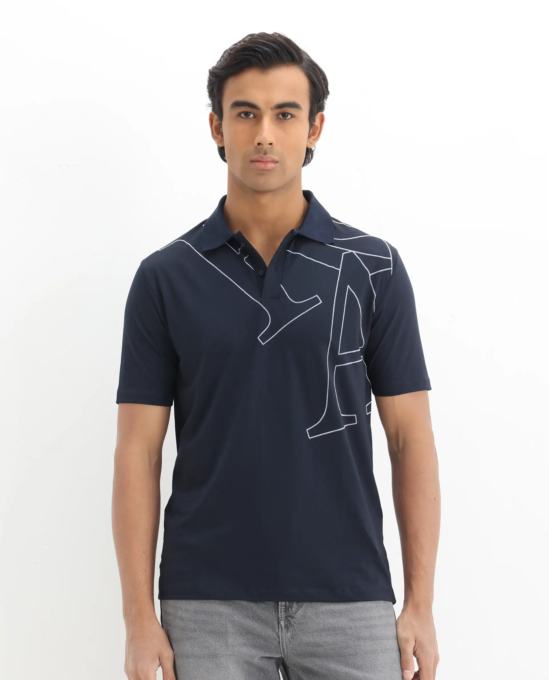 Rare Rabbit Men's Zapos Navy Cotton Graphic Print Regular Fit Half Sleeve Polo - Image 4
