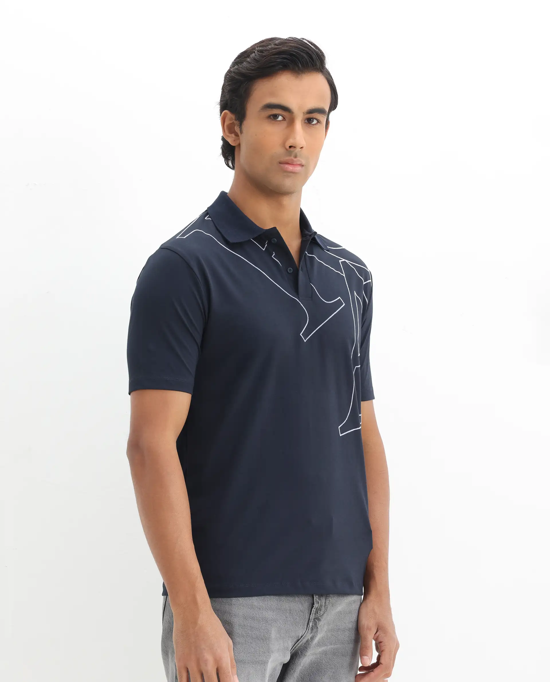 Rare Rabbit Men's Zapos Navy Cotton Graphic Print Regular Fit Half Sleeve Polo - Image 6